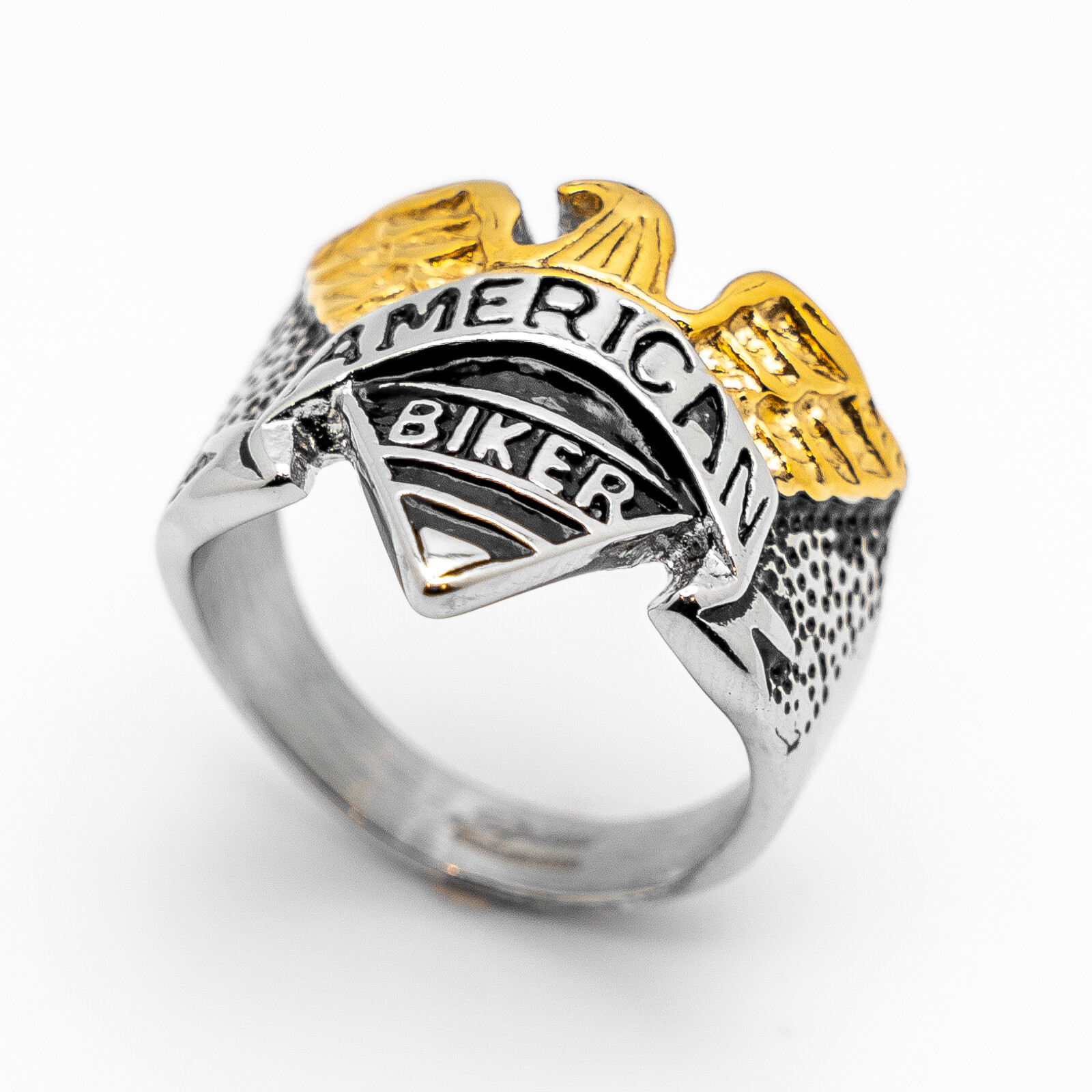 American Biker Eagle Ring in Goldtone & Stainless Steel Old School Motorcycle 77