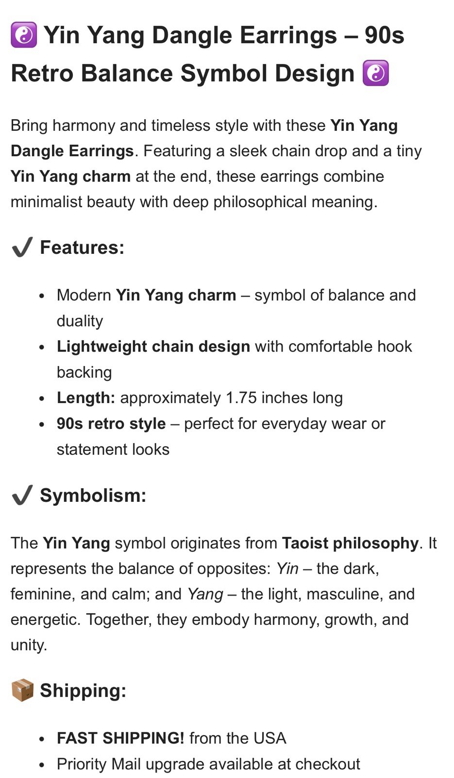 Yin Yang Dangle Earrings 90s Retro Tao Balance Symbol Lightweight Chain Design