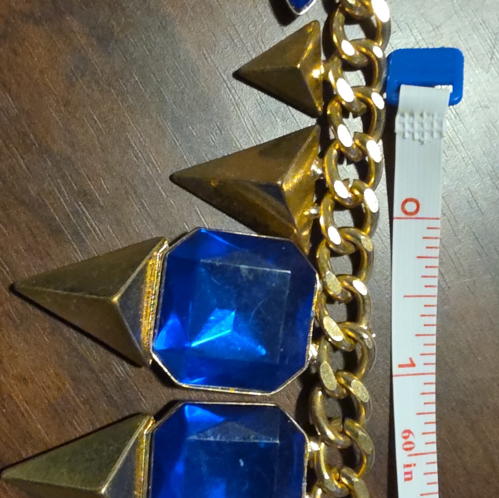 Gold Tone Curb Link Chain Necklace Blue Octagon Crystal Spike Dangles Adj 21in