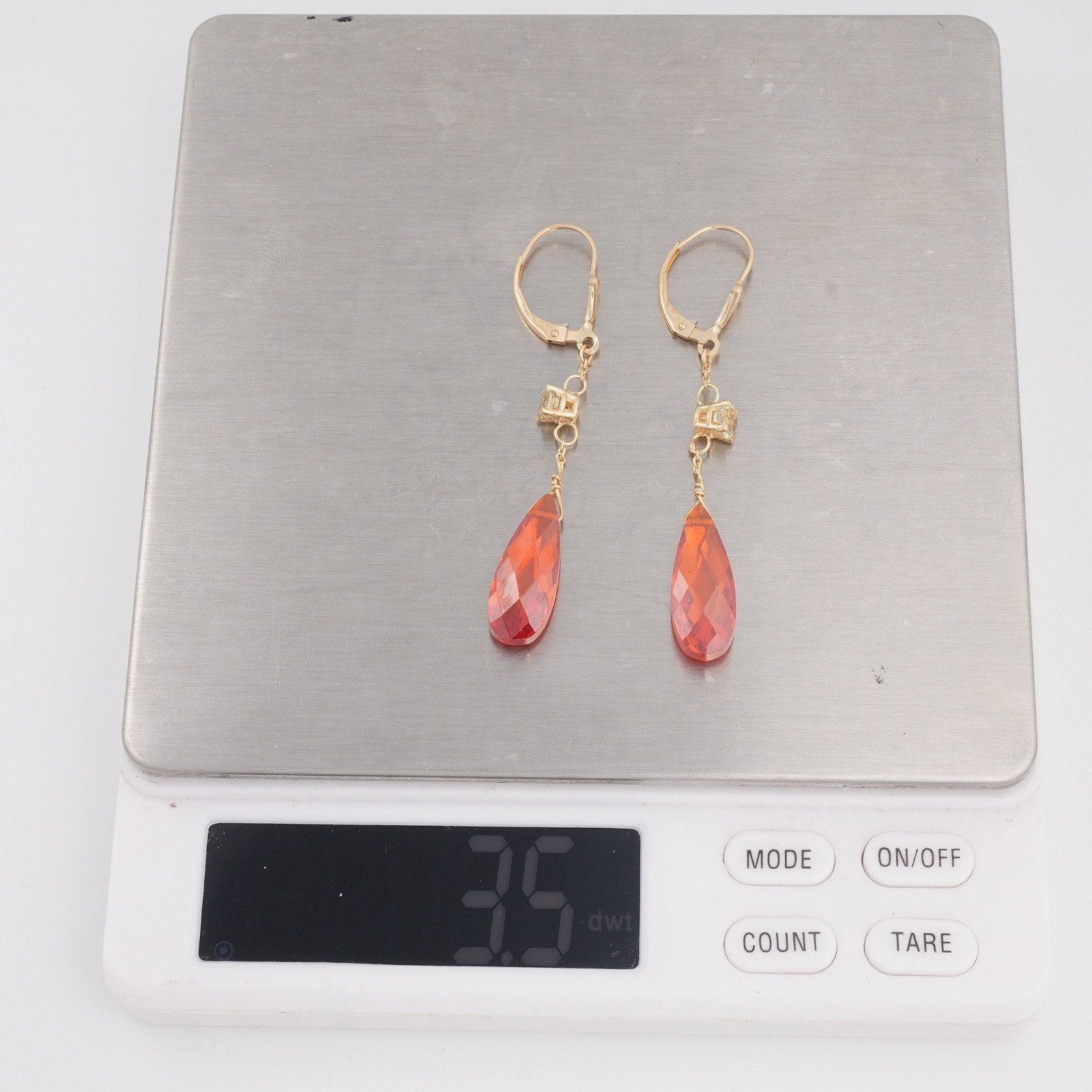 14K Gold Briolette Earrings Dangle Drop Faceted Red Orange Stones 2.25″ drop