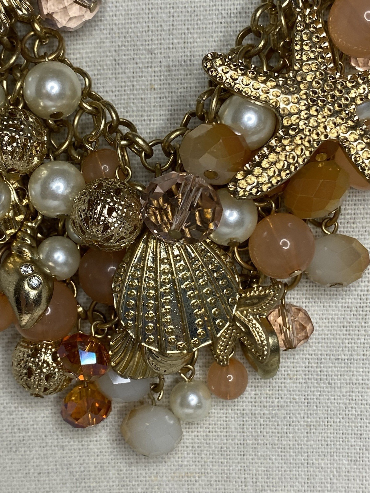 Coastal Statement Bib Necklace Shell Starfish Beaded Cha Cha Faux Pearls Charms