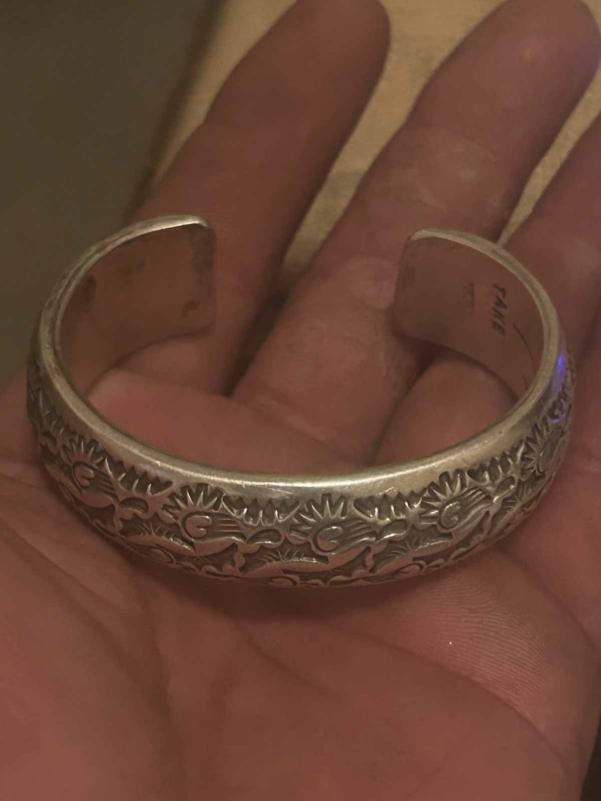Vintage Navajo Tahe Sterling Silver Kokopelli Dancer Overlay Cuff Bracelet 925
