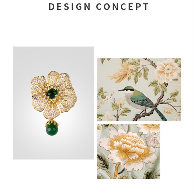 Green Imitation Jade Flower Brooch Pin Women Rhinestone Crystal Floral Gift