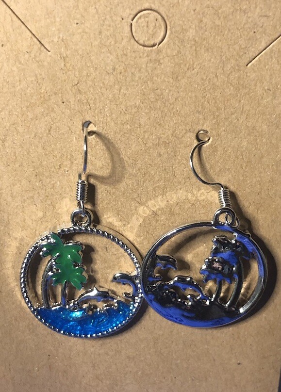 New Dolphins & Palm Tree Earrings Beach Coastal Jewelry Dangle Drop Cute Girls