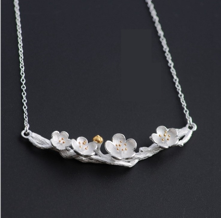 Sterling Silver Tone Sakura Blossom Bar Pendant Necklace Branch Chain Flower S5