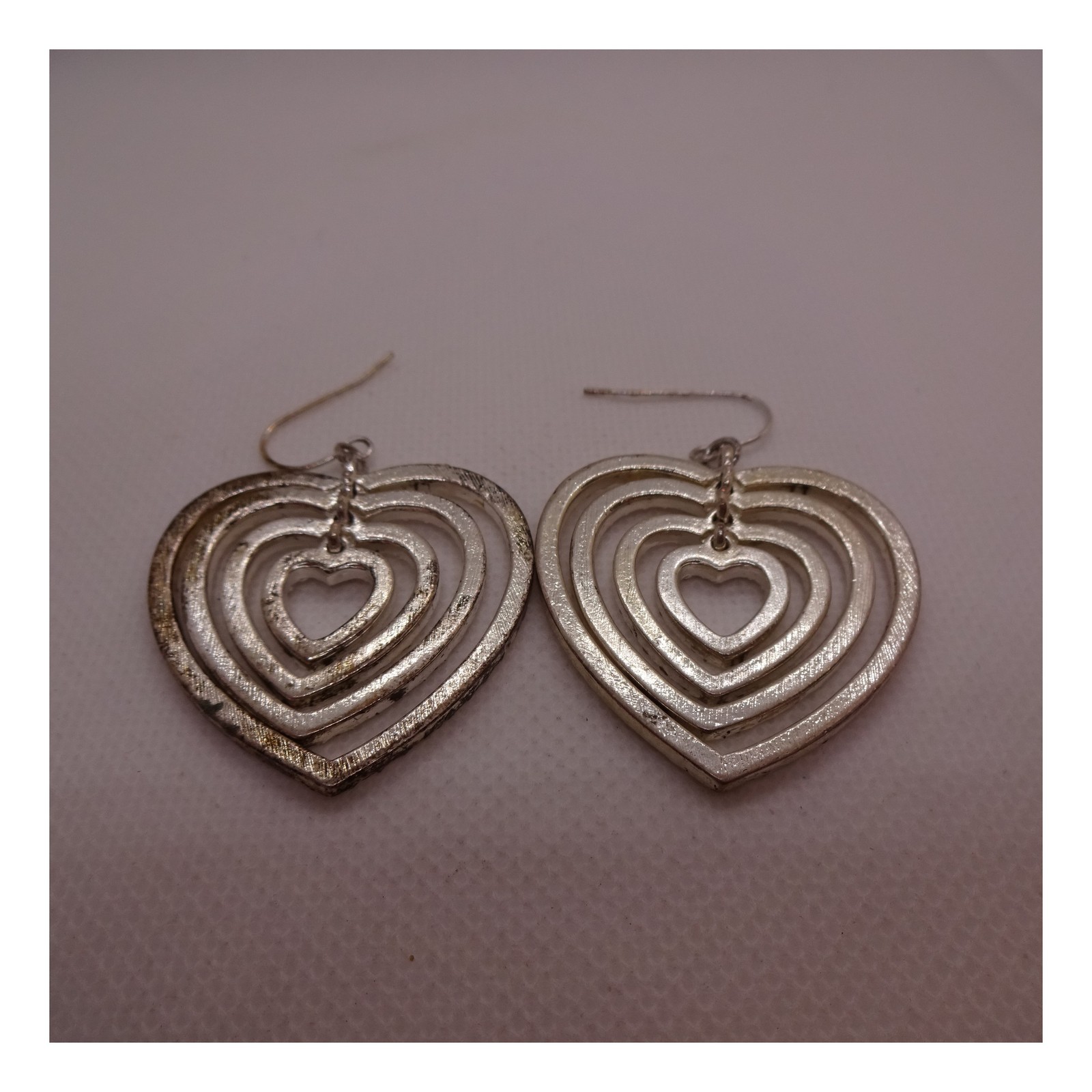 Sparkling Silver Tone Rhinestone Nested Heart Dangle Drop Earrings 2″ Long