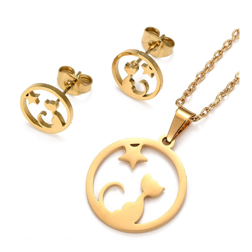 Stainless Steel Set Pendant Necklace Earrings Cat Star 15.7″ 10x1mm 0.7mm Z818