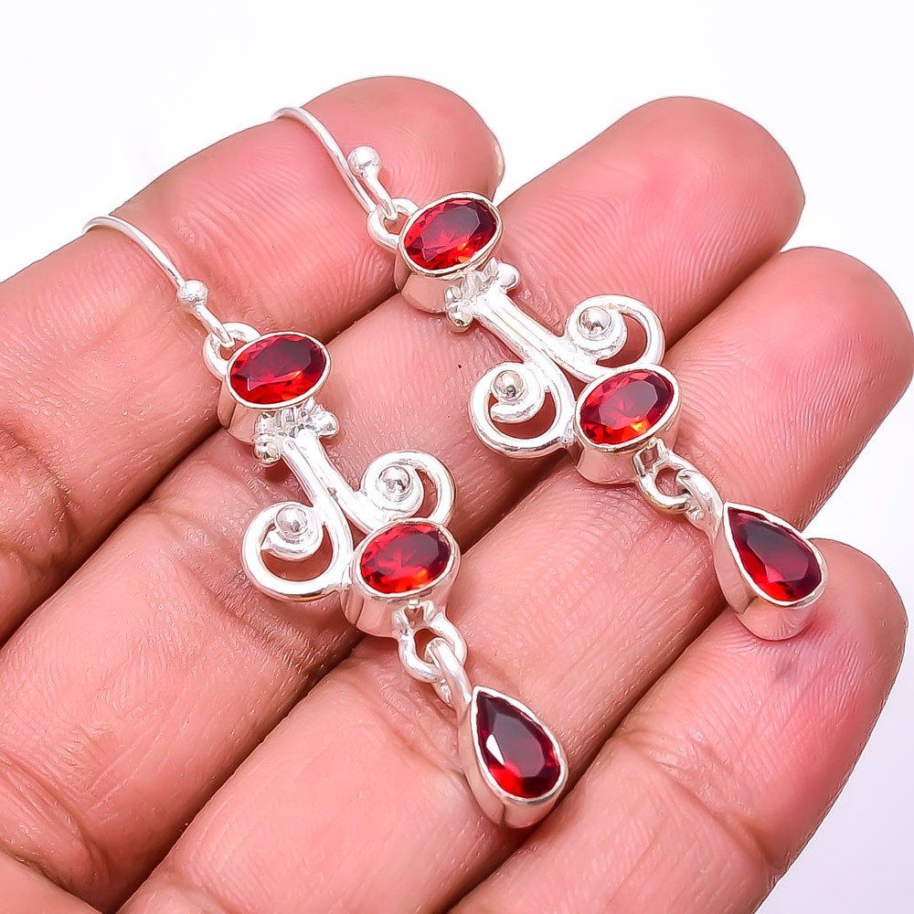 Red Garnet Multi Collet 925 Sterling Silver Earring 2.15″ E14, Christmas Gift