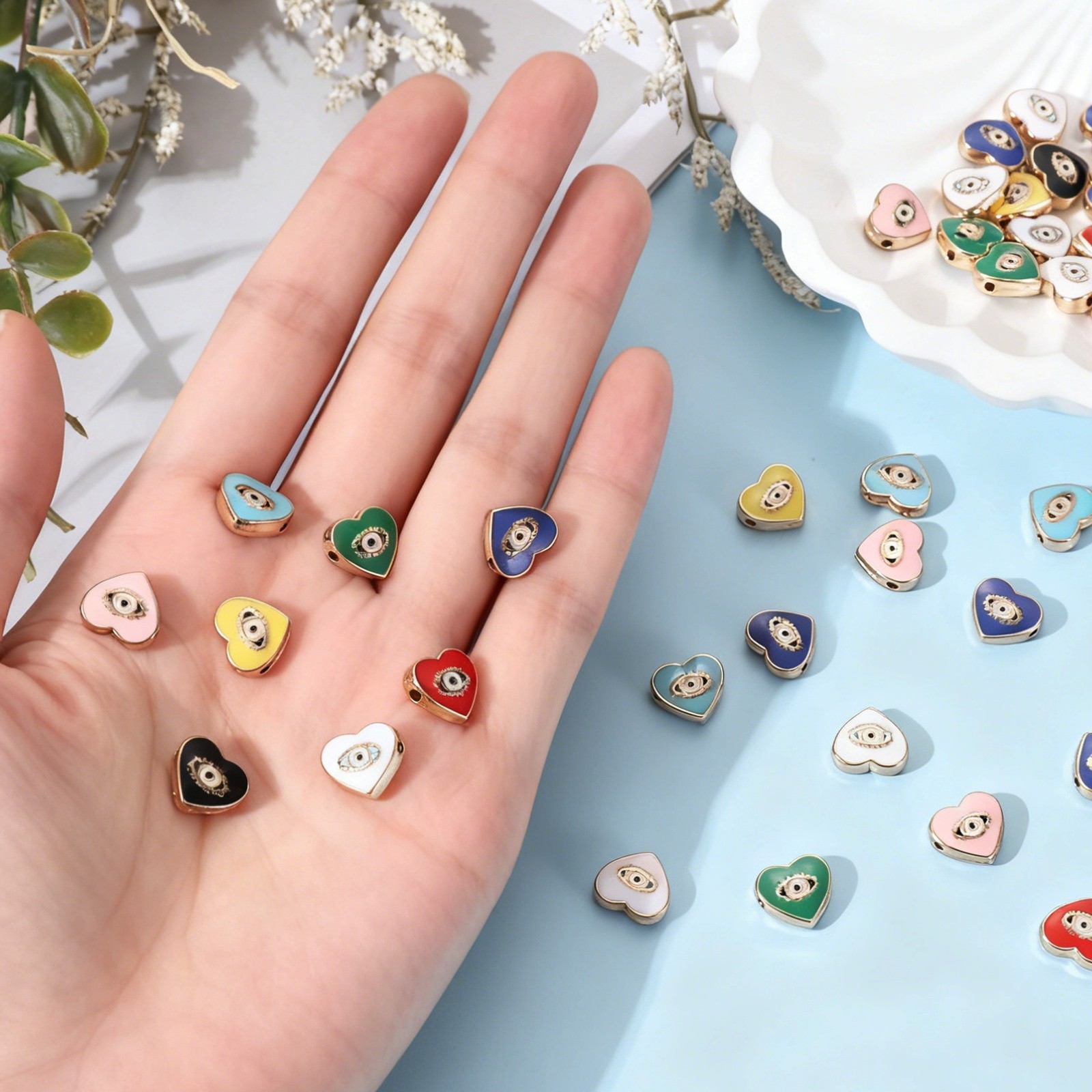 20 Pcs Heart Evil Eye Beads Loose Spacer Beads, White