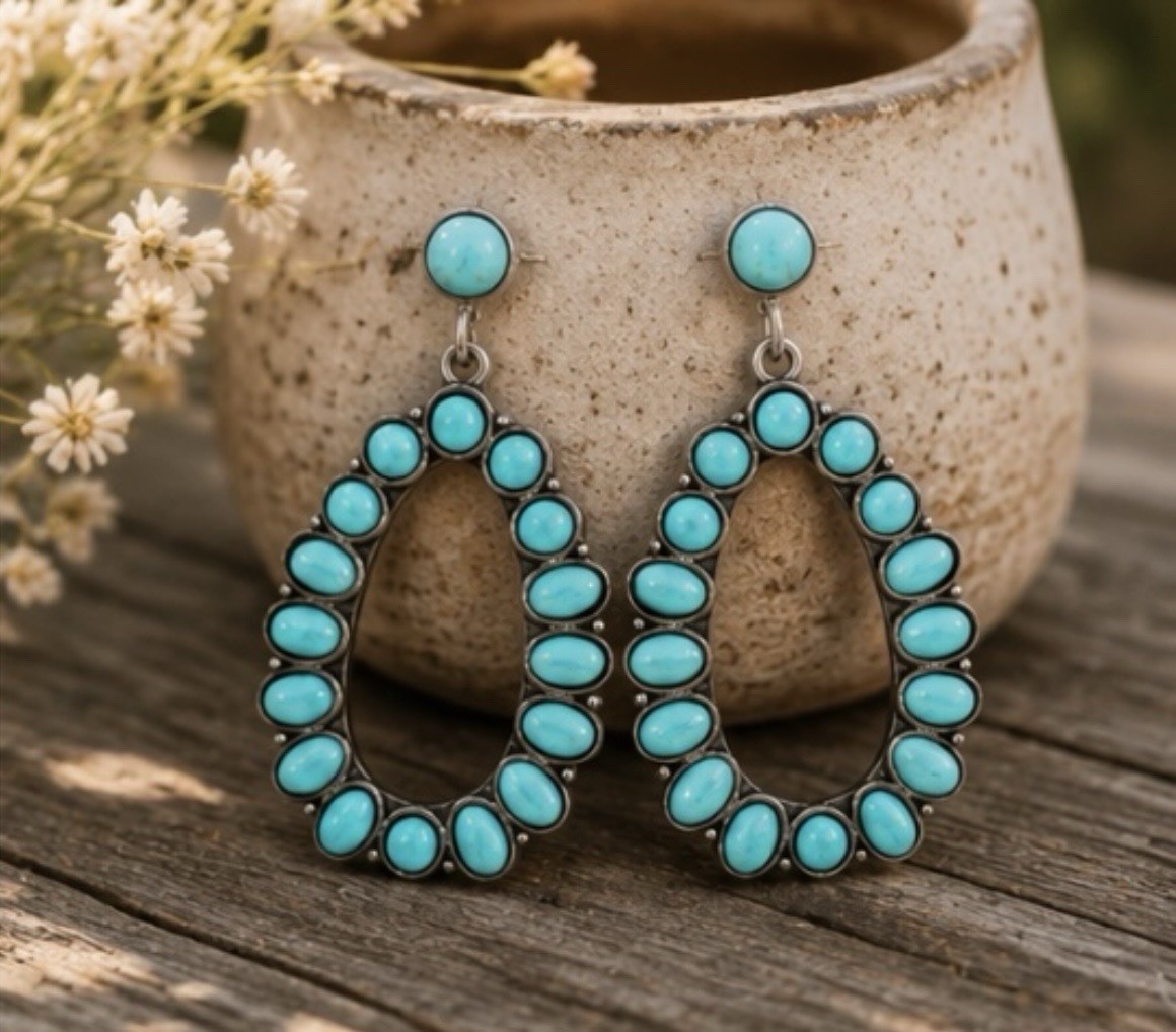 Turquoise Teardrop Dangle Drop Earrings Lightweight Handmade Metal 2.1in