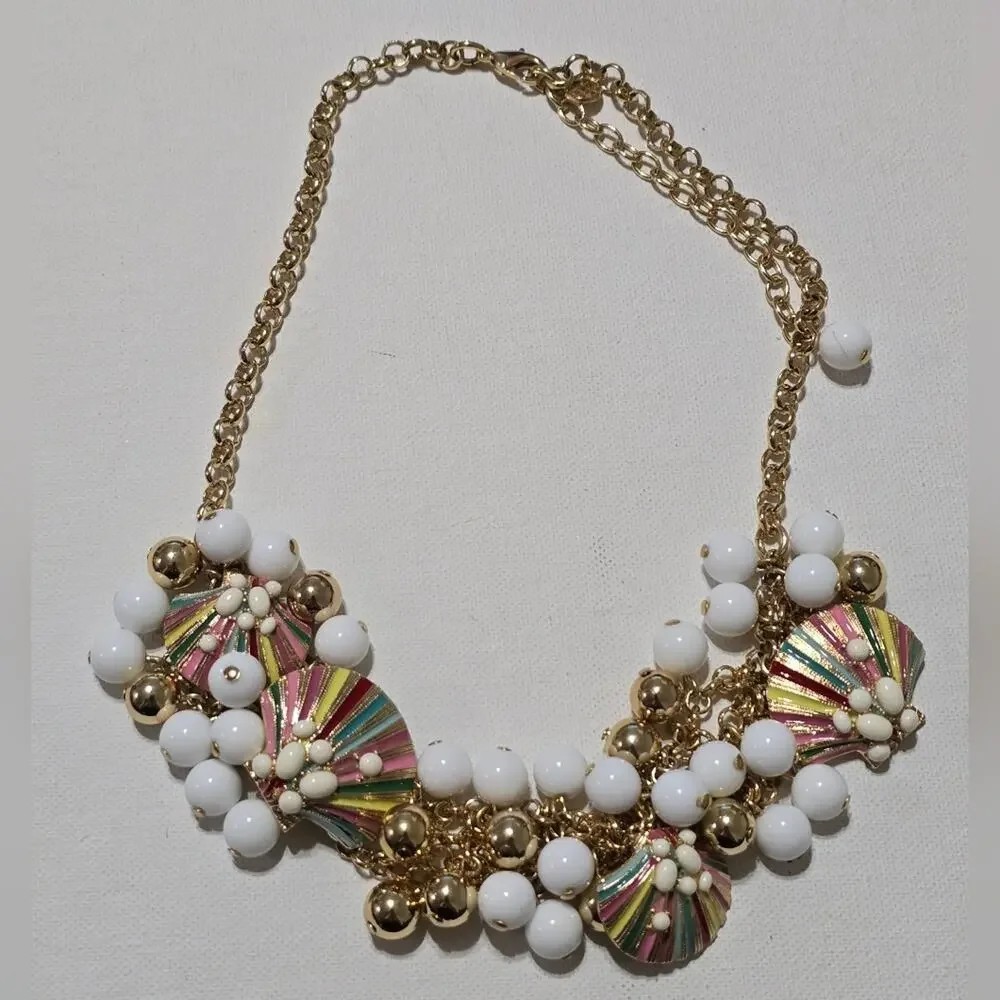 Talbots Multicolor Seashell Charm Beaded Gold Tone Statement Necklace Bib OS