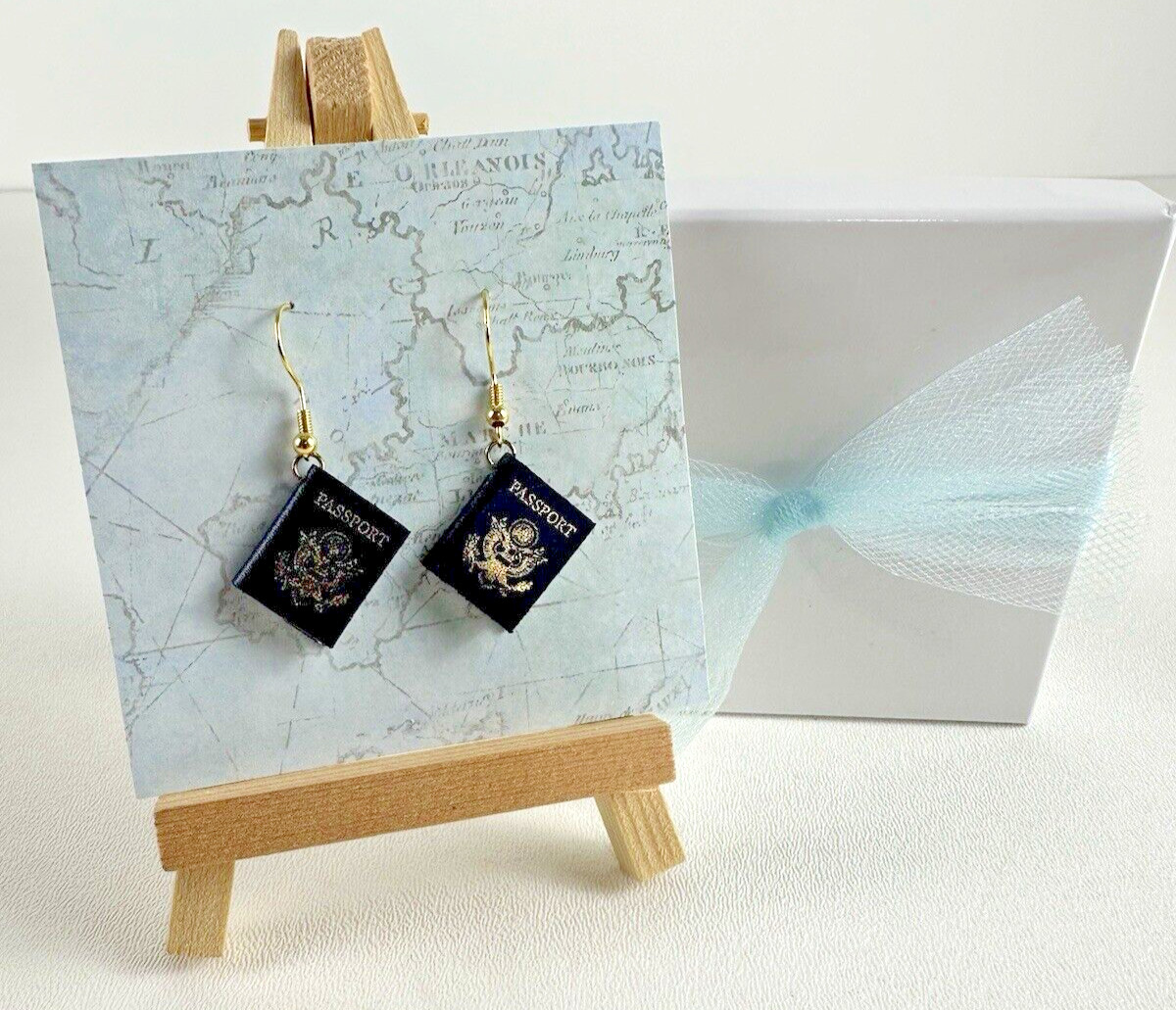 Handmade Mini Passport Dangle Earrings – 10K Gold Hooks – Travel Lover Gift