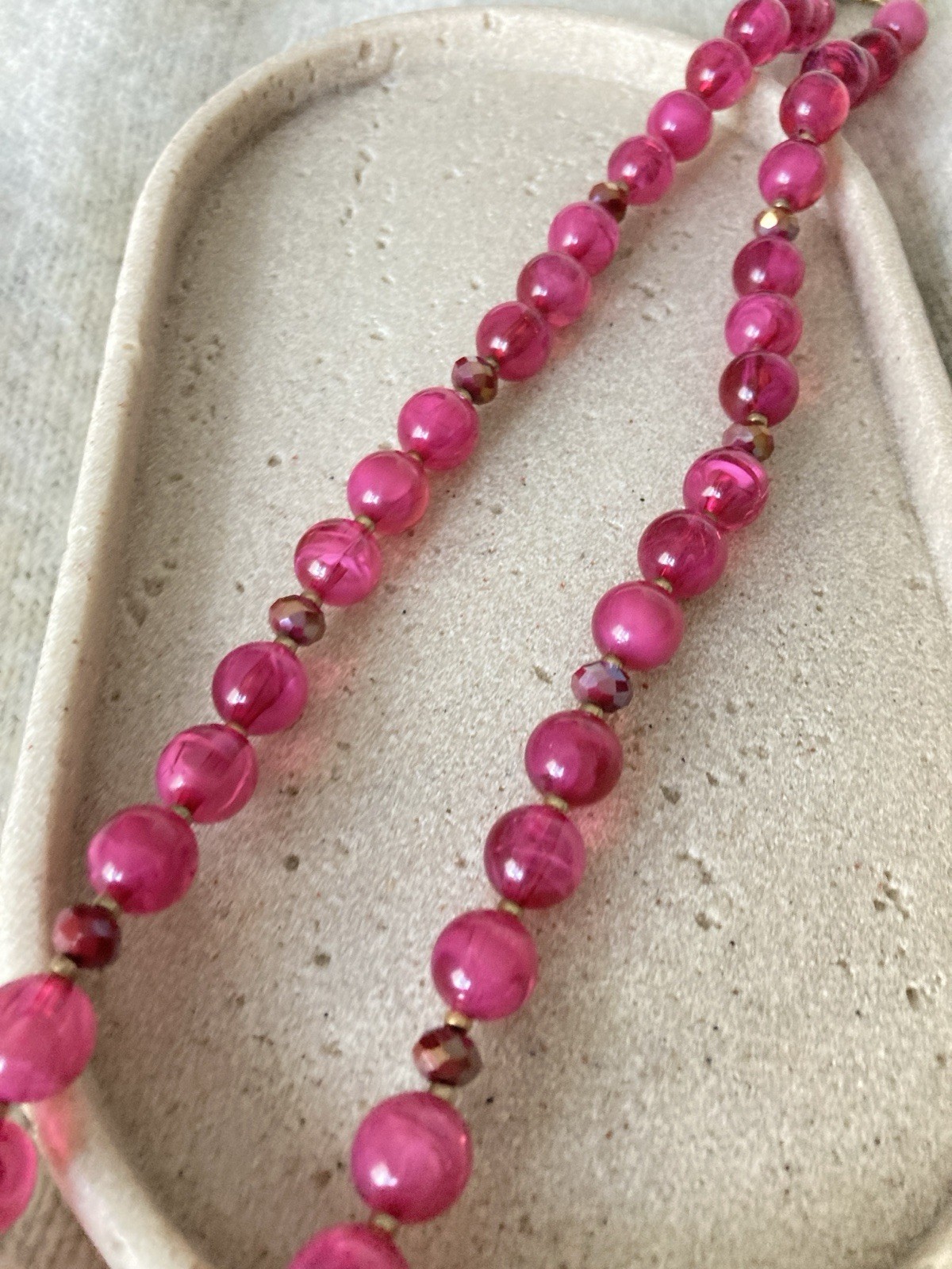 Vintage Raspberry Pink Beaded Necklace Glam Romantic Long Glossy Party Evening
