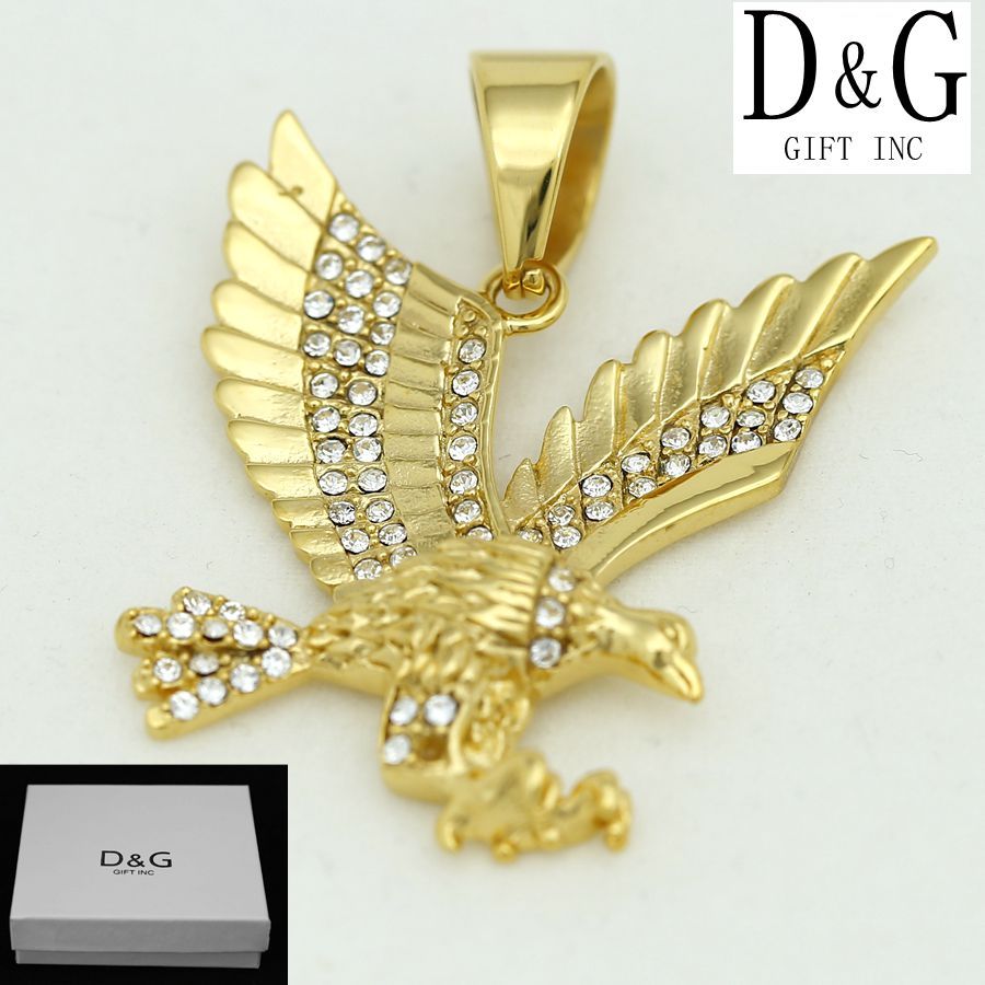 DG Mens Stainless Steel EAGLE 42mm Cubic Zirconia Charm,Unisex Gold plated Box