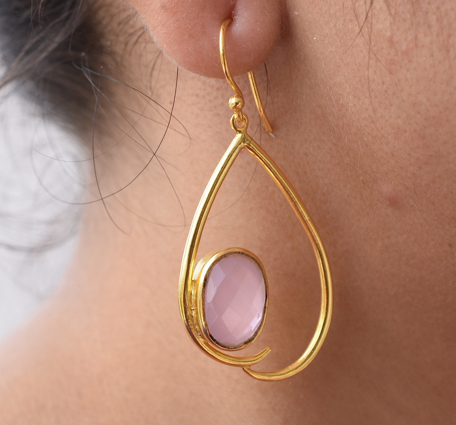 Rose Quartz Gold Plated Earring Handmade Romantic Jewelry Birthday Gifts For Her