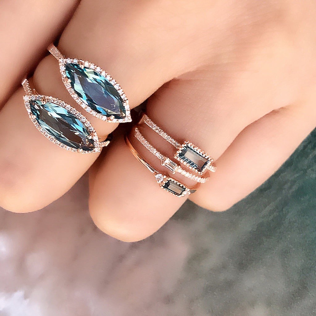 Navette Marquise Blue CZ 925 Sterling Silver 7 CT Halo Cocktail Ring SZ 8
