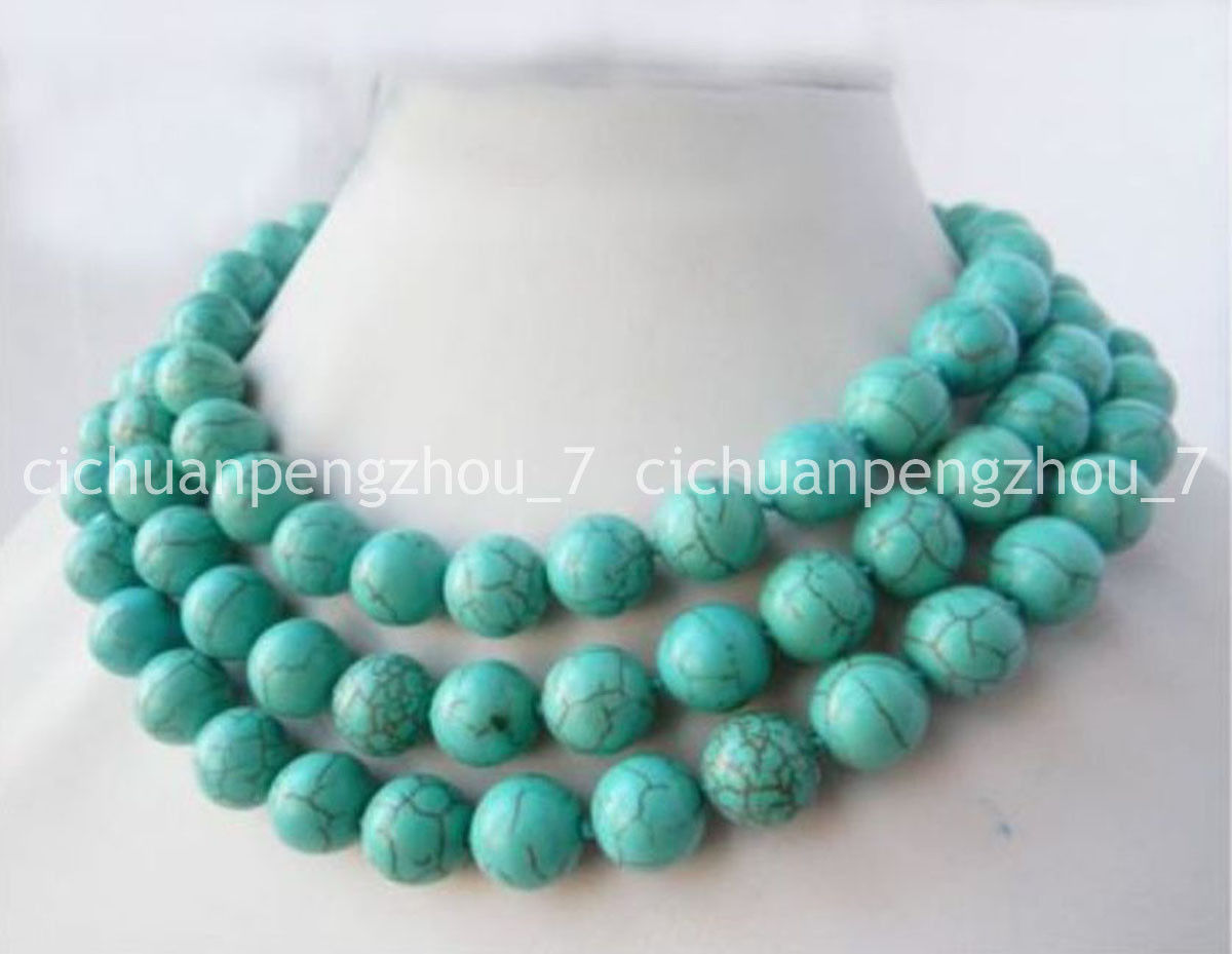 Long 36 inches Natural 10mm Blue Turkey Turquoise Gemstone Round Beads Necklace