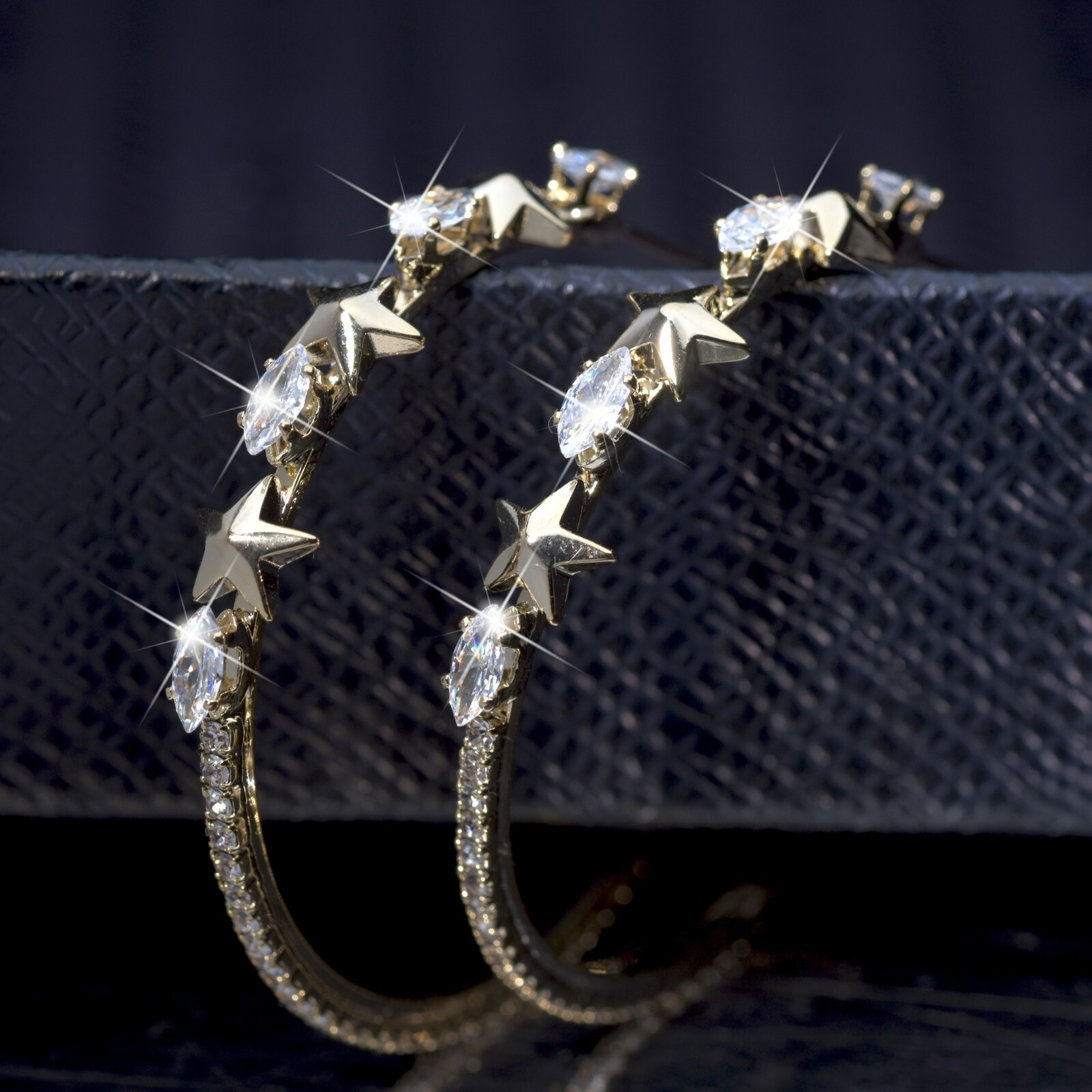 18K YELLOW GOLD MADE WITH SWAROVSKI CRYSTAL OPEN HOOP STUD EARRINGS STAR HOOPS