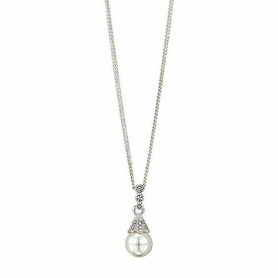 Silvertone Pearl & Rhinestone Pendant Necklace – 16″ Long Chain w/3″ Extender