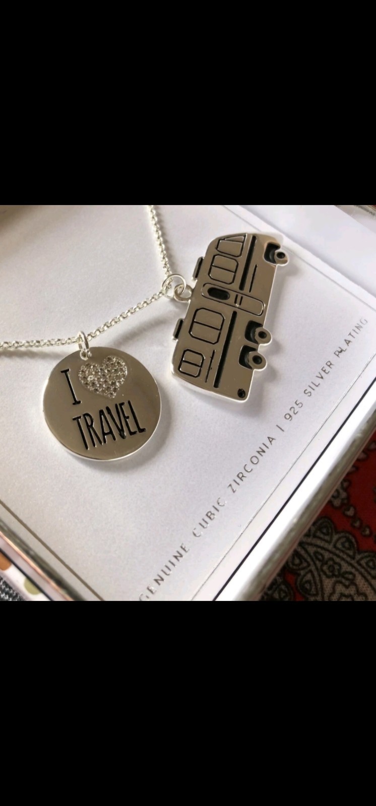 Necklace * “I Love Travel” * Heart * RV * Cubic Zirconia * 925 Silver Dipped *