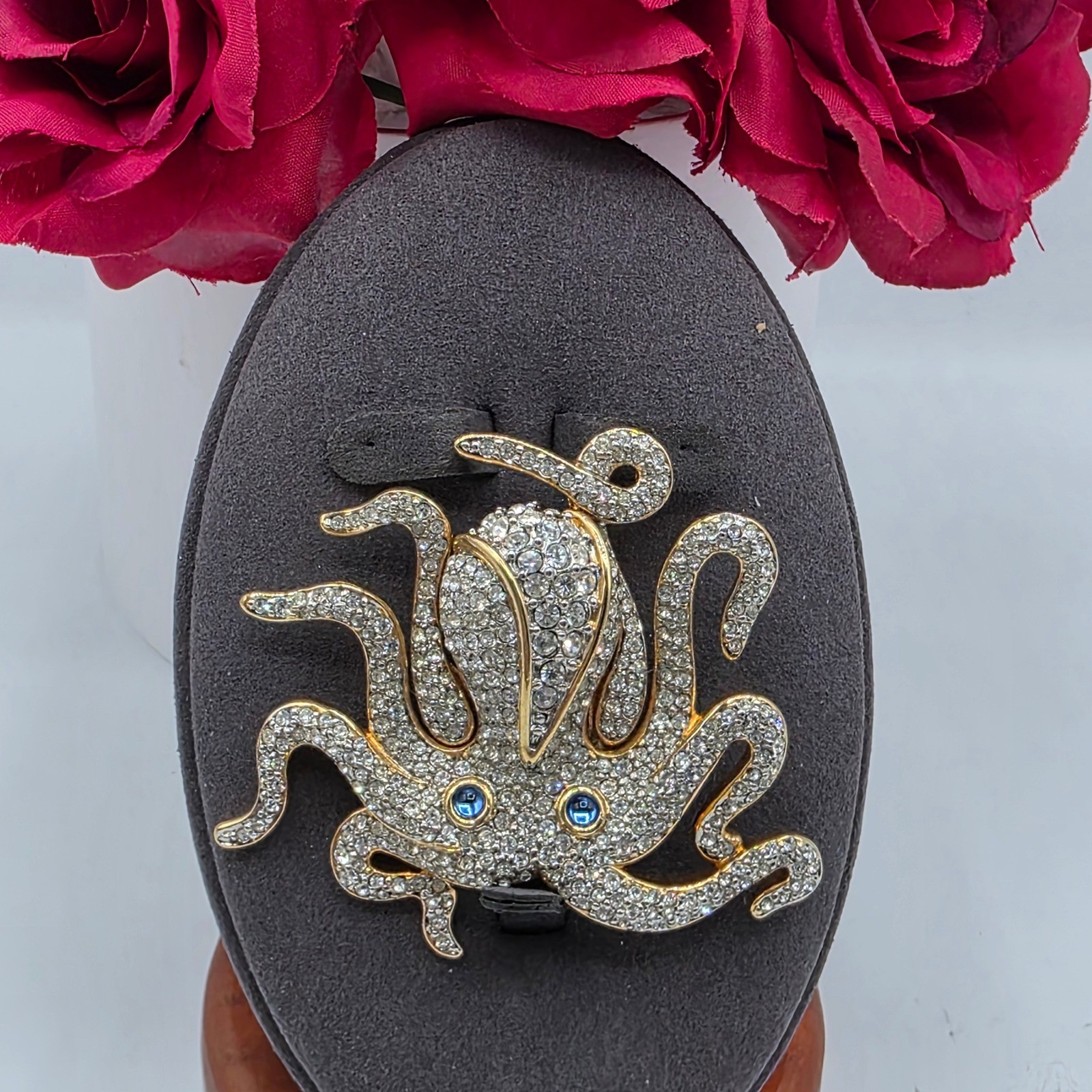 Swarovski Gold Tone Pave Crystal Octopus Brooch Blue Eyes Nautical Swan Logo