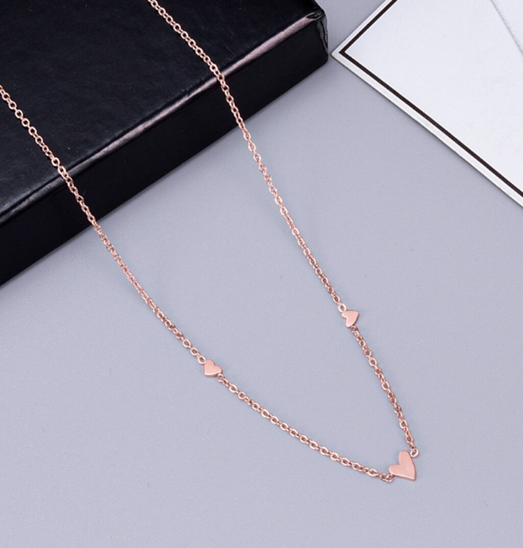 Rose Gold Plated Titanium Stainless Steel 3 Hearts Love Chain Necklace 16-18″