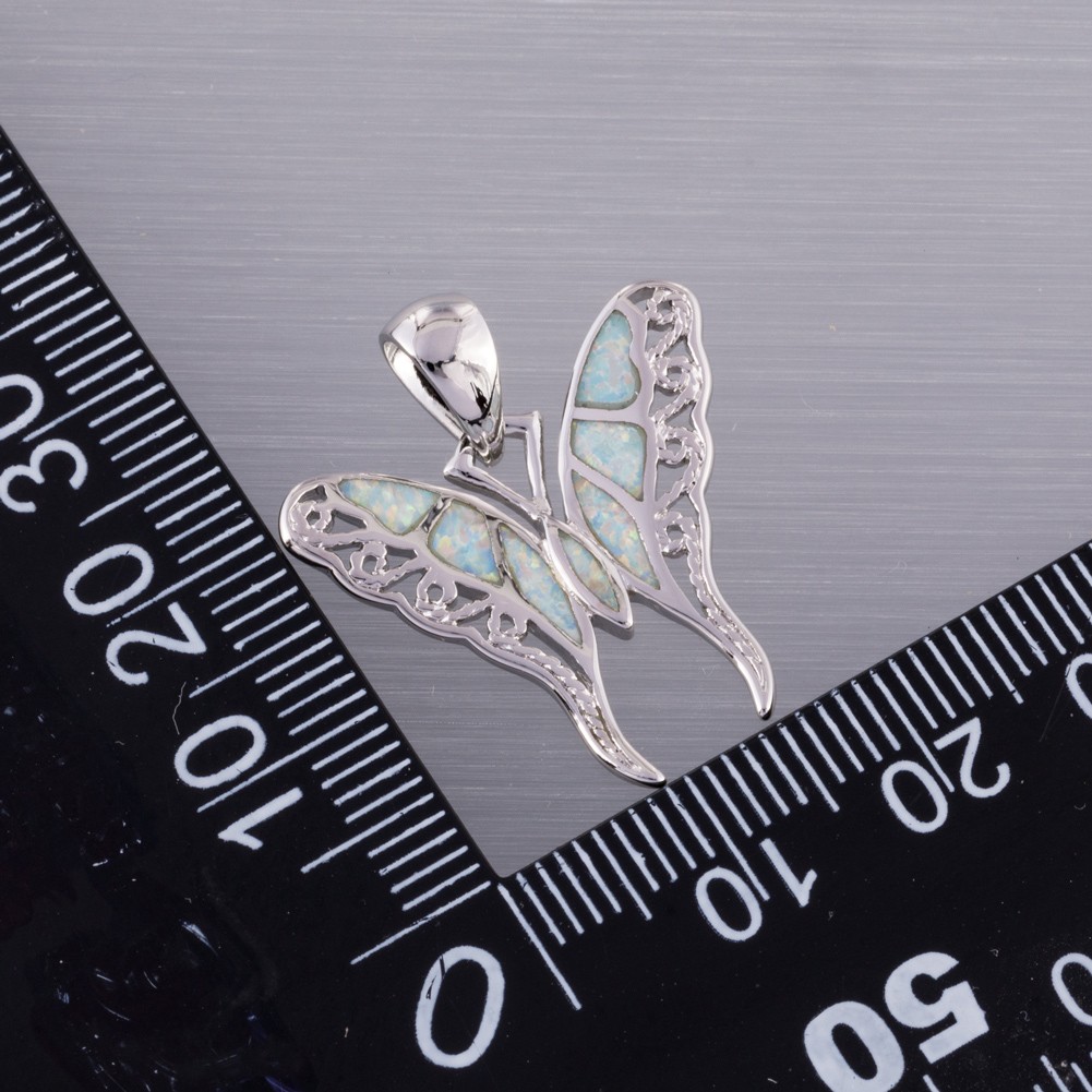 Hollow Butterfly White Fire Opal Silver Jewelry Necklace Pendant