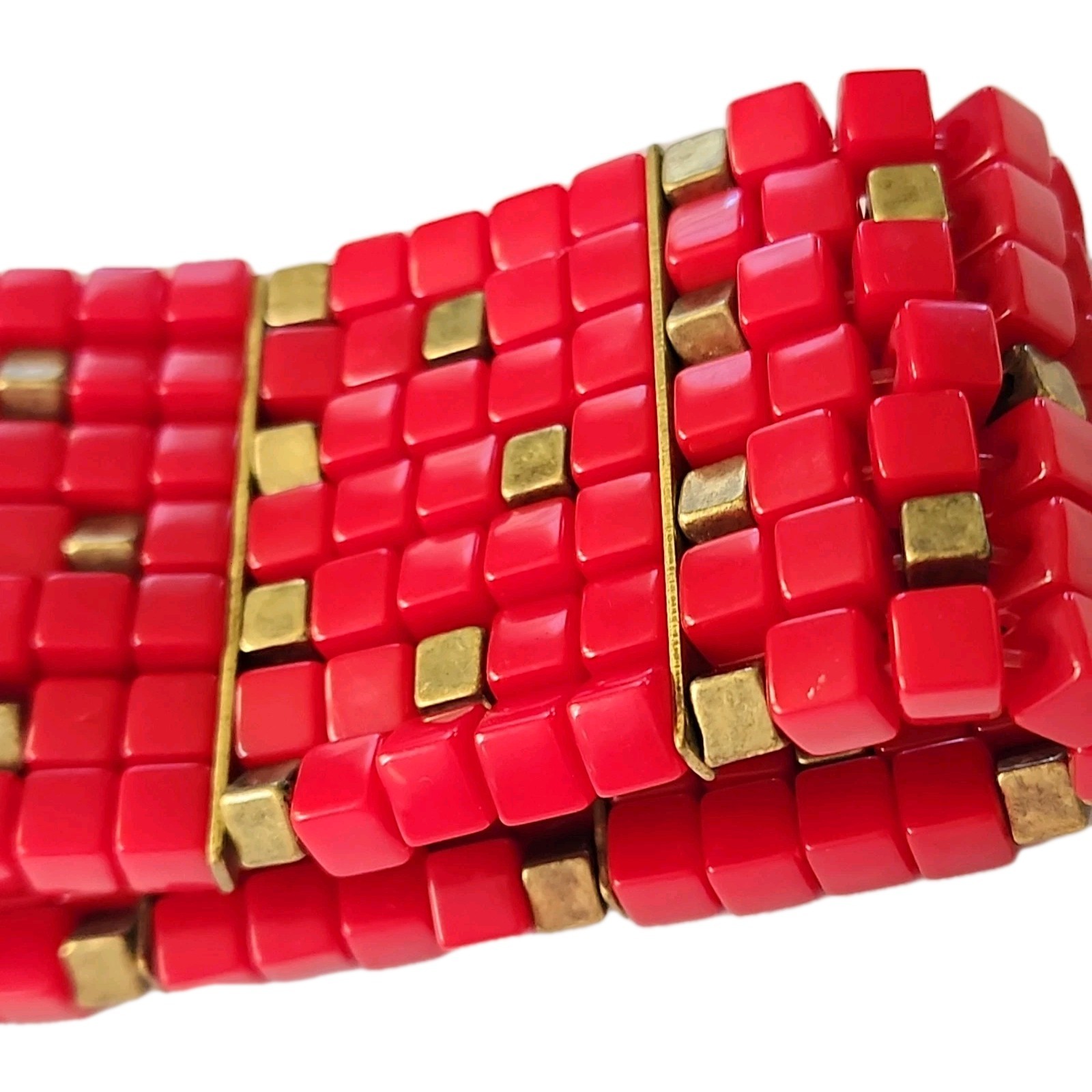 Women’s Unique Art Deco Red & Brass Cubes Mosaic Stretch Bracelet Cuff Vintage