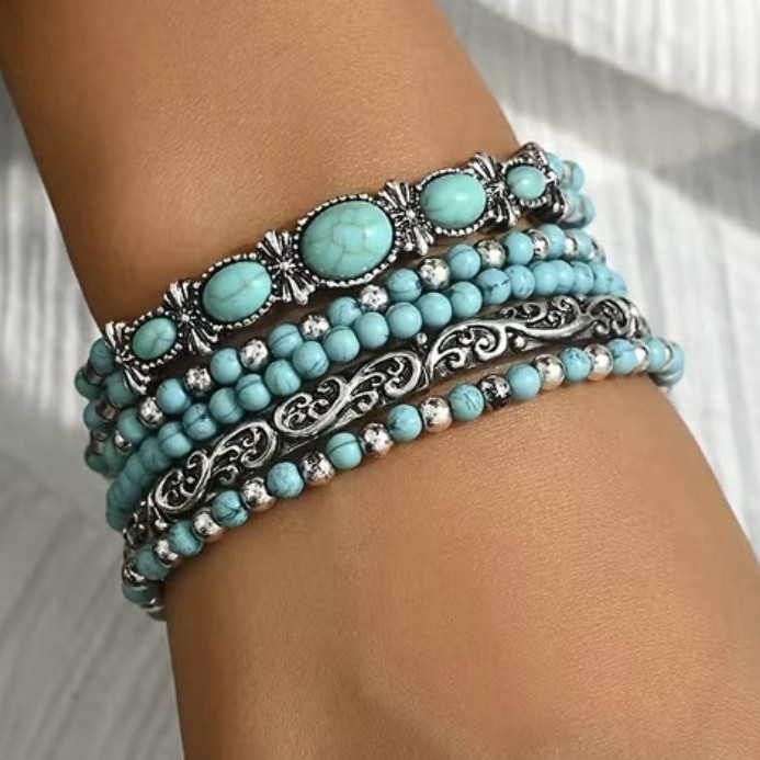 Turquoise Beaded Cuff Bracelet Oval Turquoise Stones Bezel Set Bohemian