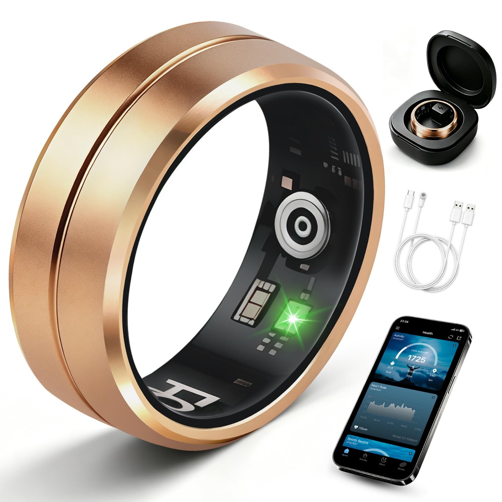 Smart Health Ring Women Men No Subscriptionfor iPhone & Android (Rose Gold, 8#)
