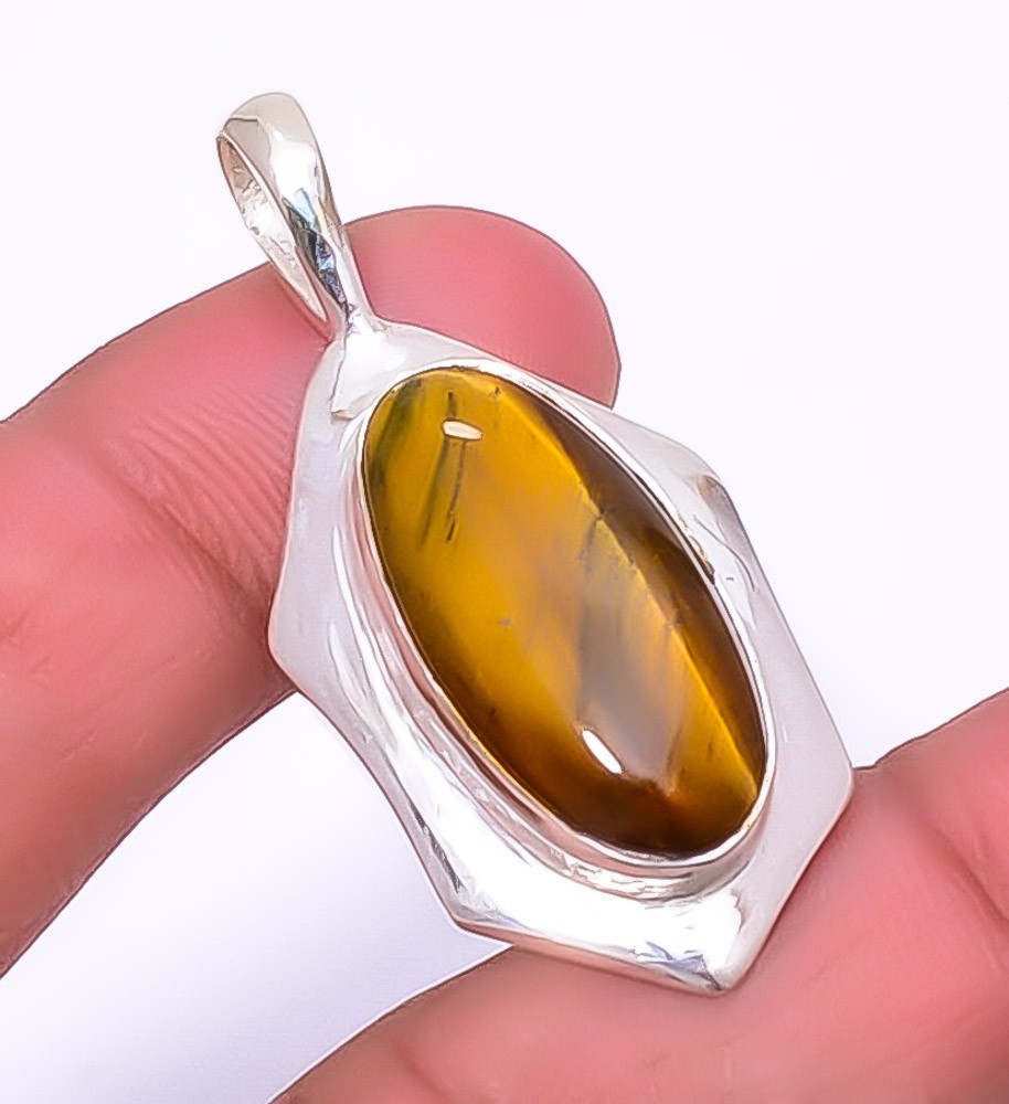 Yellow Tiger Eye – South Africa Gemstone 925 Silver Plated Pendant 1.76″ A356