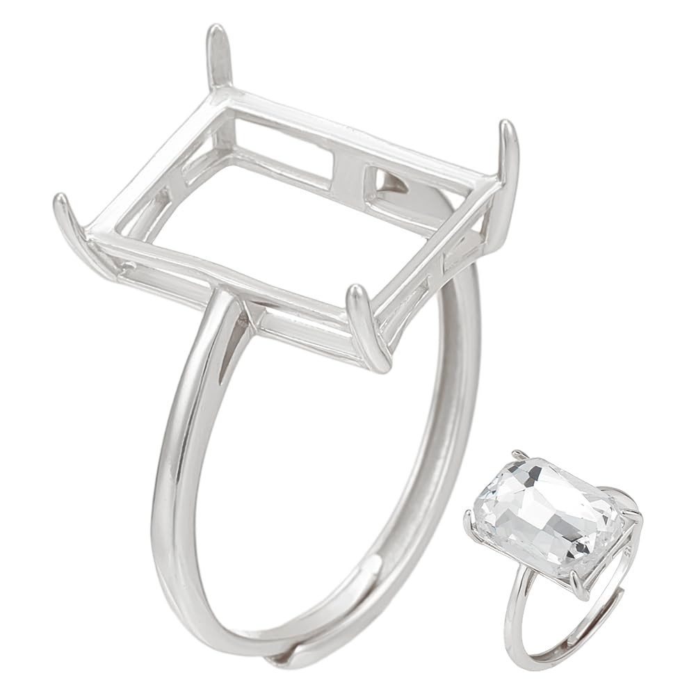 Adjustable 12x8mm Rectangle Prong Ring Settings, Platinum Plated 925 Silver, Jew