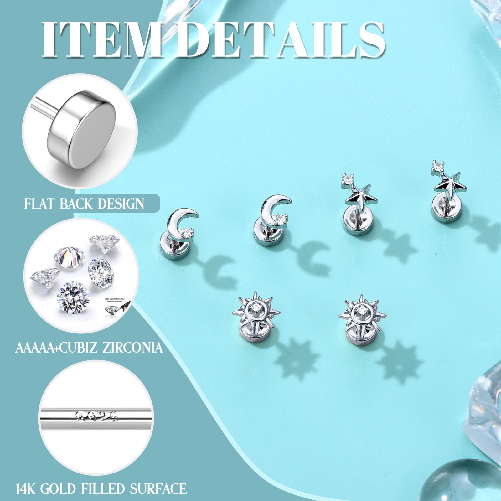 Flat Back Stud Earrings for Women and Men, Hypoallergenic 14k Gold Plated 925…