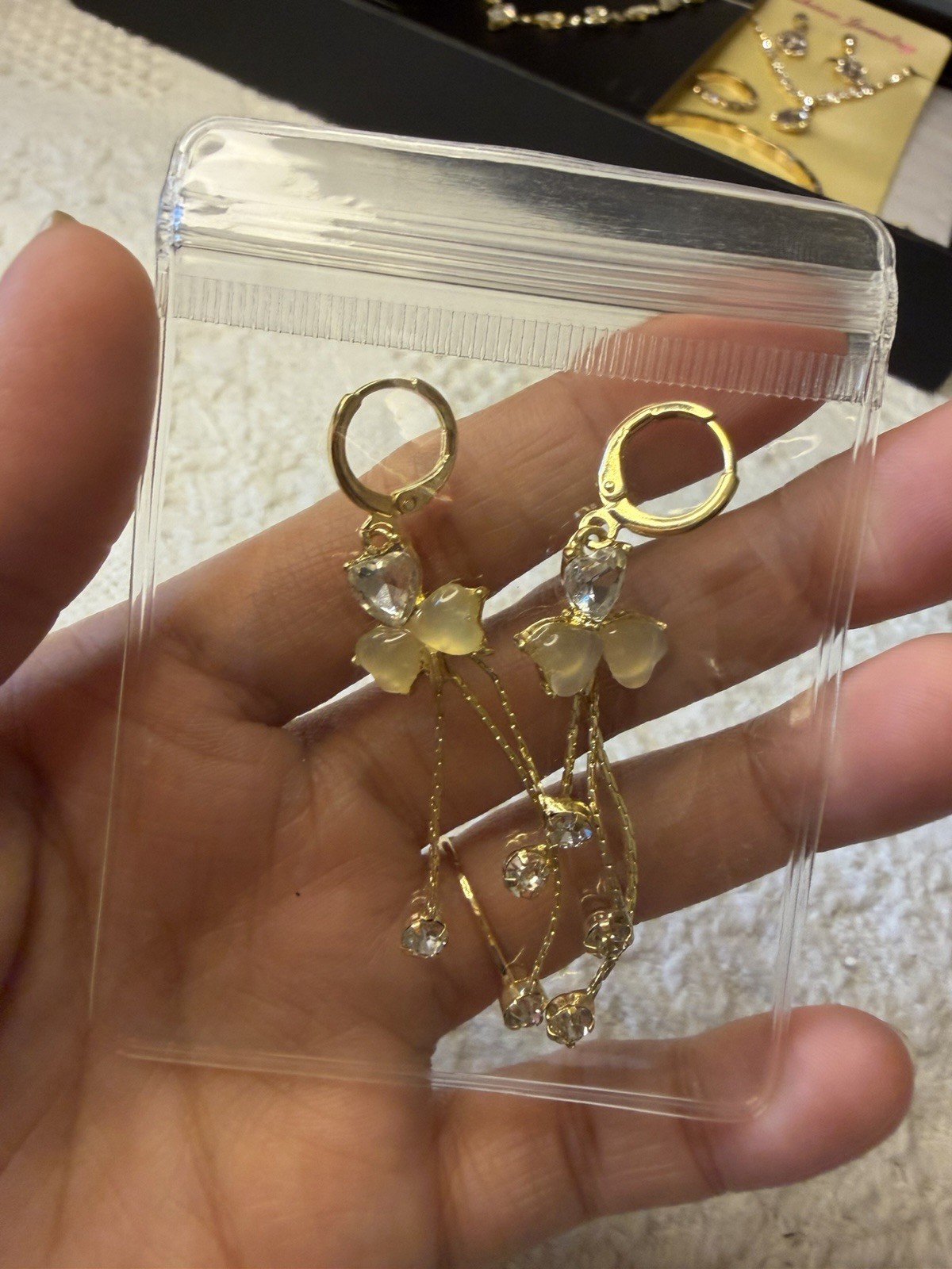 Gold-Tone Butterfly Clear Crystal Heart Dangle/Drop Hoop Earrings, Latch Back