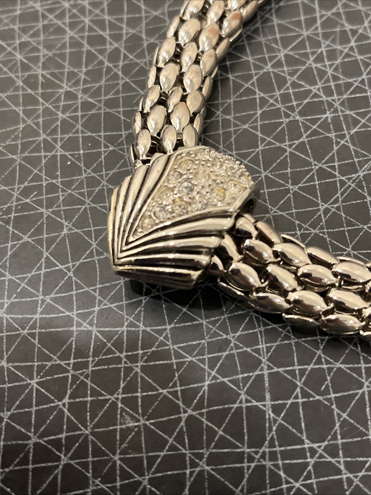 Pierre Cardin? Vtg Necklace, Silver Byzantine Chain Rhinestone V Choker Magnet