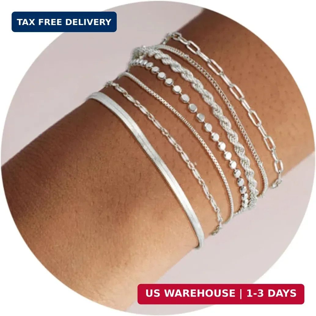 Silver Bracelet Set for Women Waterproof Adjustable Layered Stack
