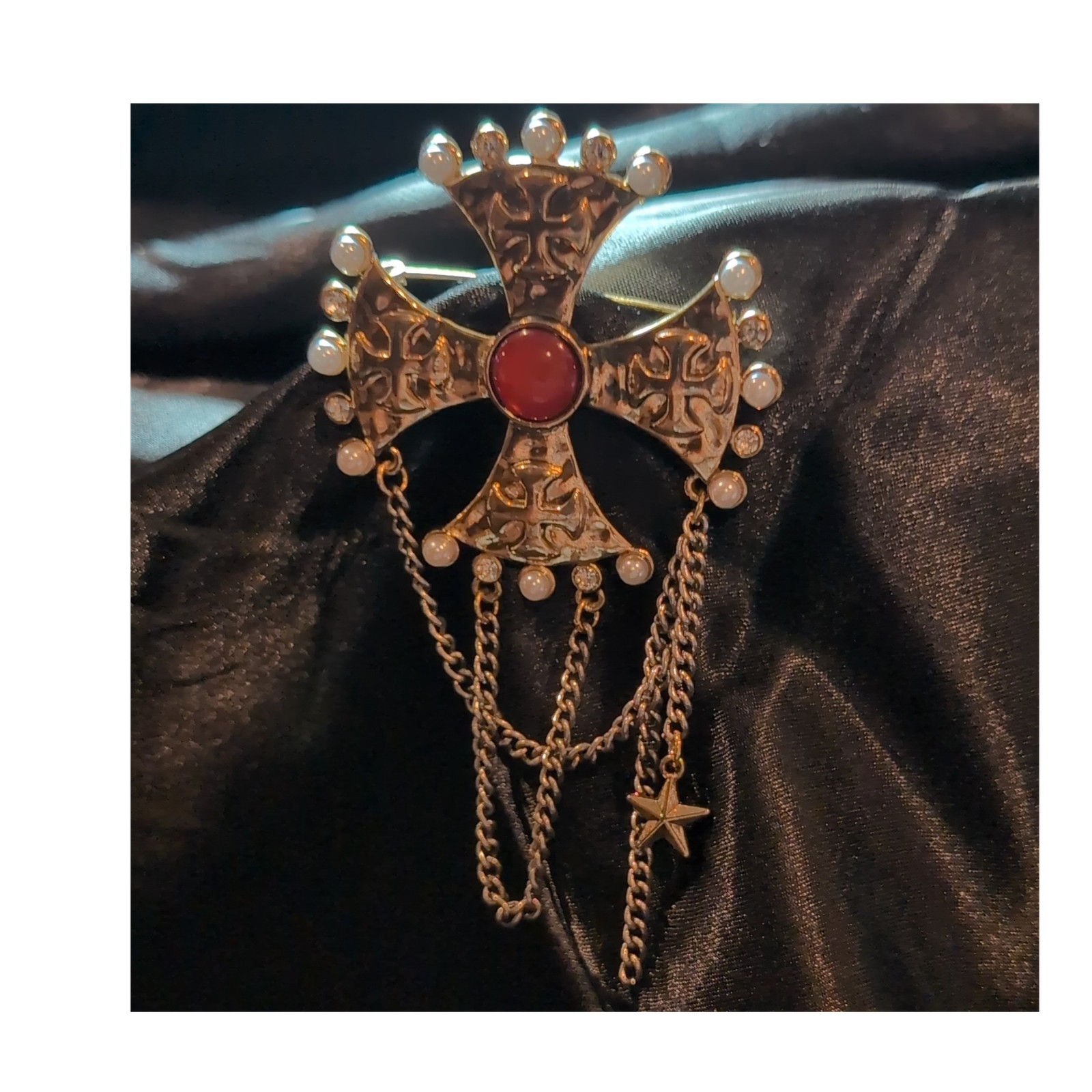 Gold Tone Cross Brooch Pin, White Faux Pearl Accents, Red Center. #88