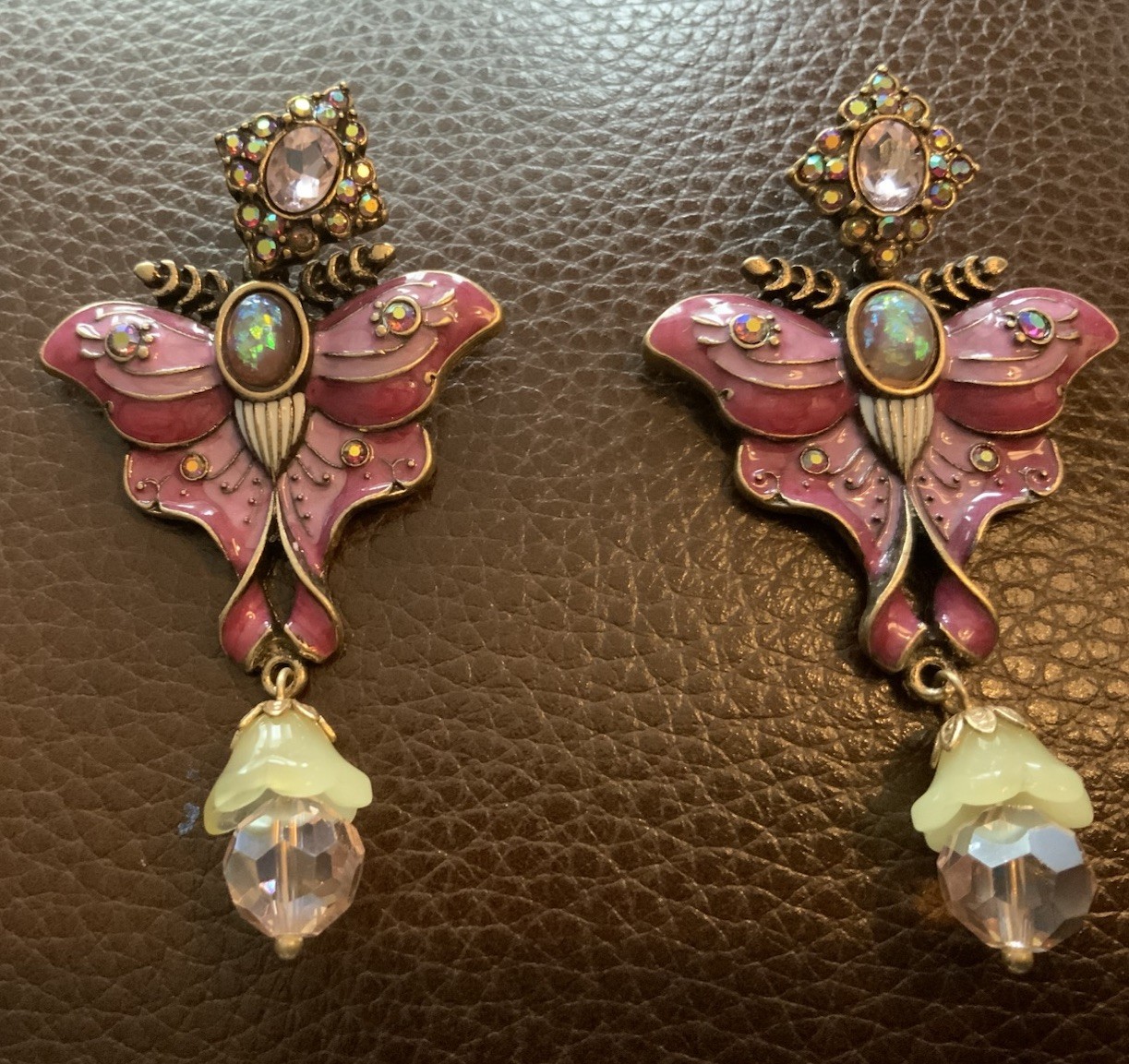 Museum Art Deco Butterfly Moth Earrings Enamel Crystal Nouveau Antique CZ VTG