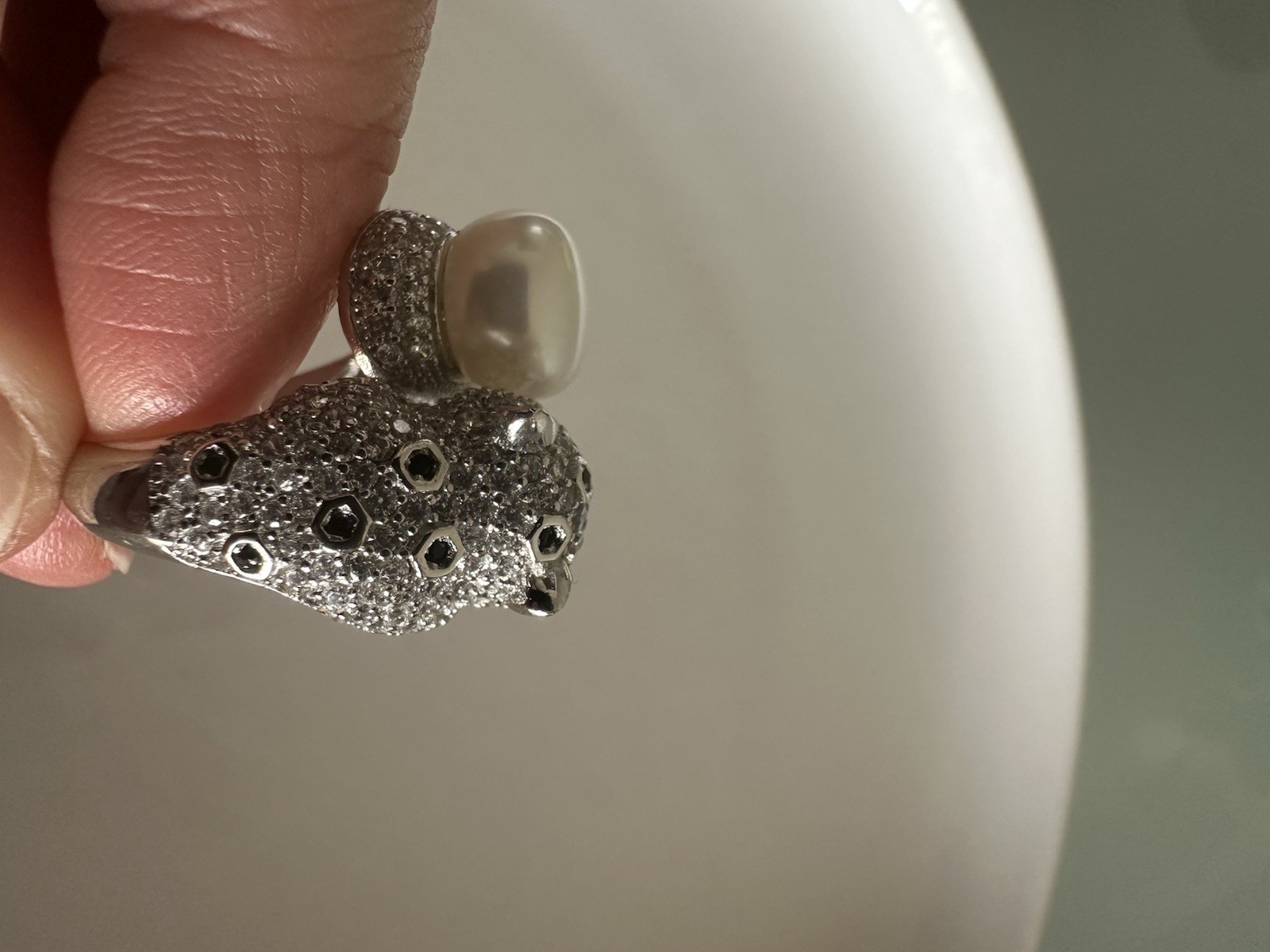 Ring 925 Silver Panther Head, Green Eye Cubic Zirconia With Pearl 7_8 Size