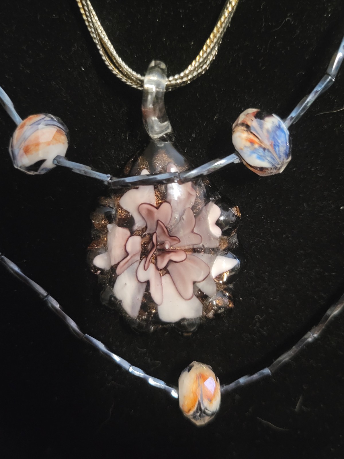 Lot of 2 Hand Blown Art Glass Floral Pendant Necklaces Murano Style 3D Flower