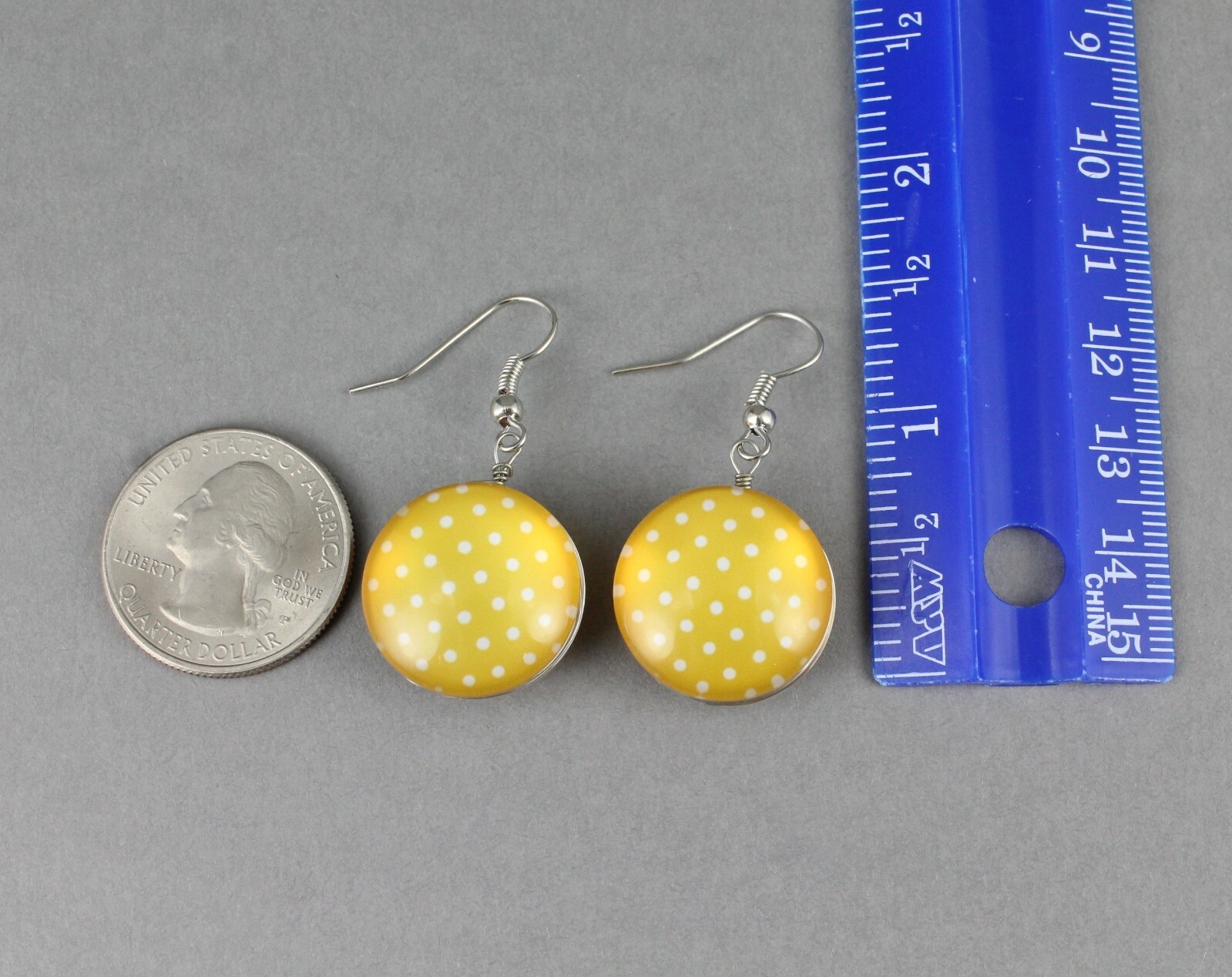 Yellow earrings polka dot dangle jewelry 1 5/8″ long medallion white dots