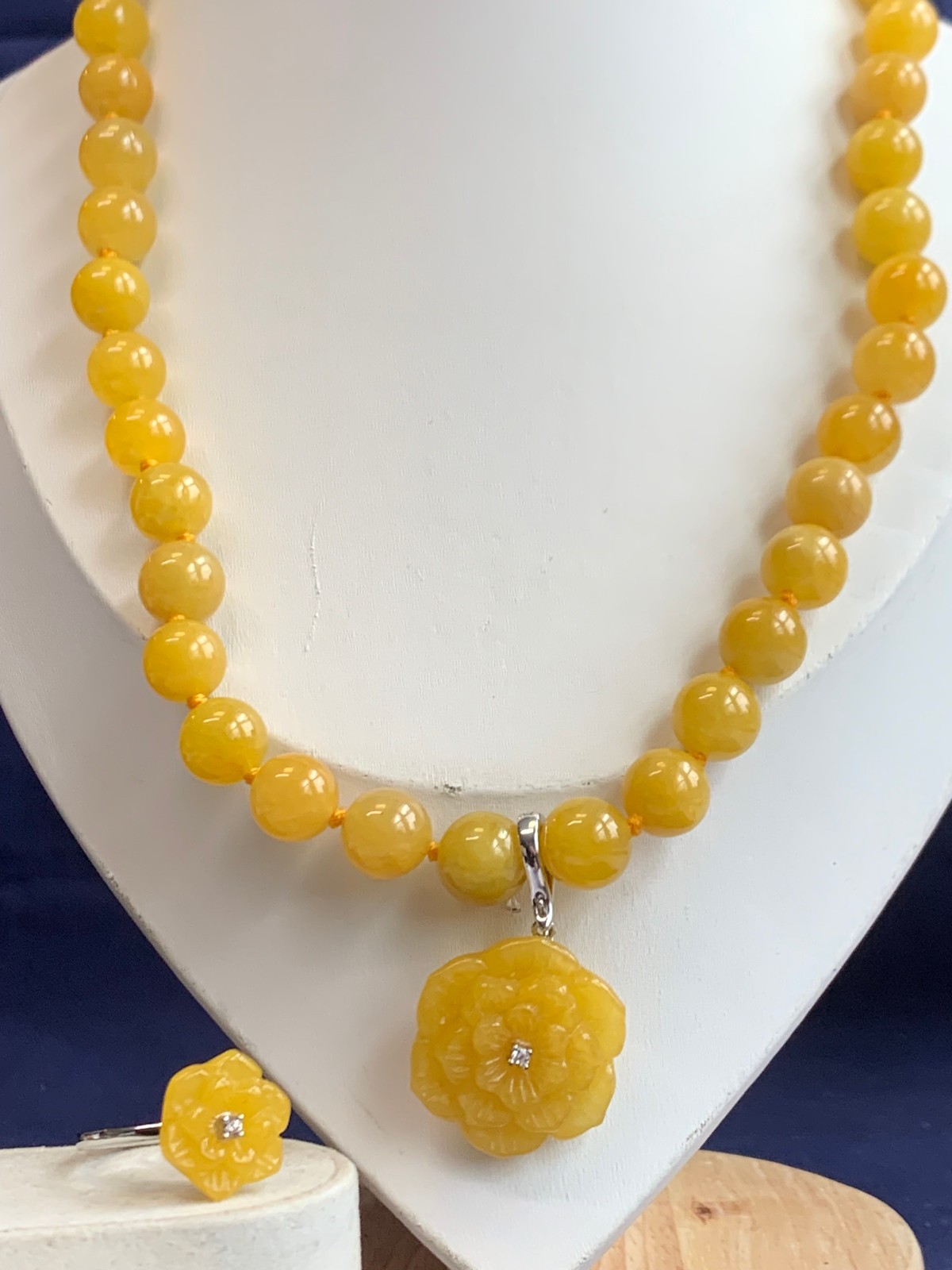 Sterling Silver D’Joy Yellow Jade Jewelry Set Clear Stones Hand Knotted *READ*