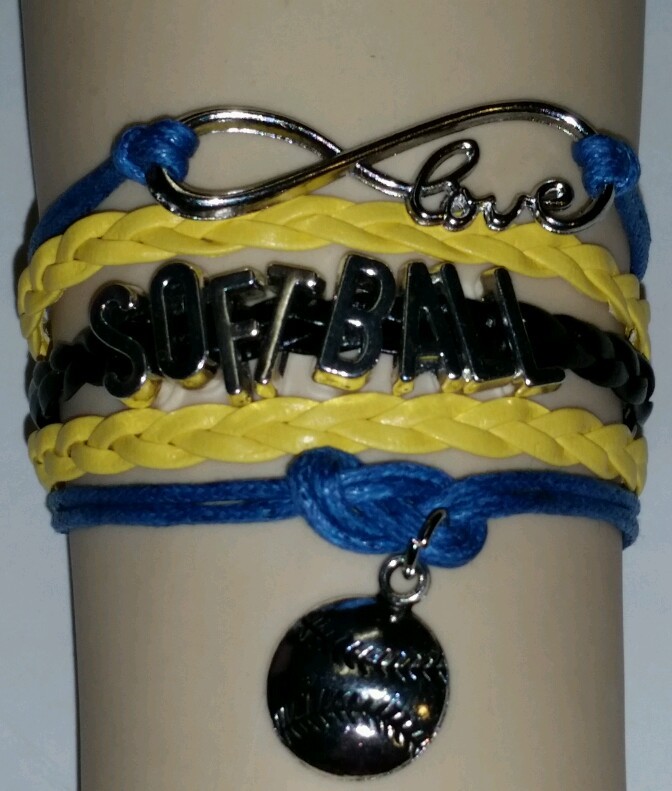 SOFTBALL LEATHER CHARM BRACELET SILVER-ADJUSTABLE-YELLOW/BLUE/BLACK-SPORTS-#142