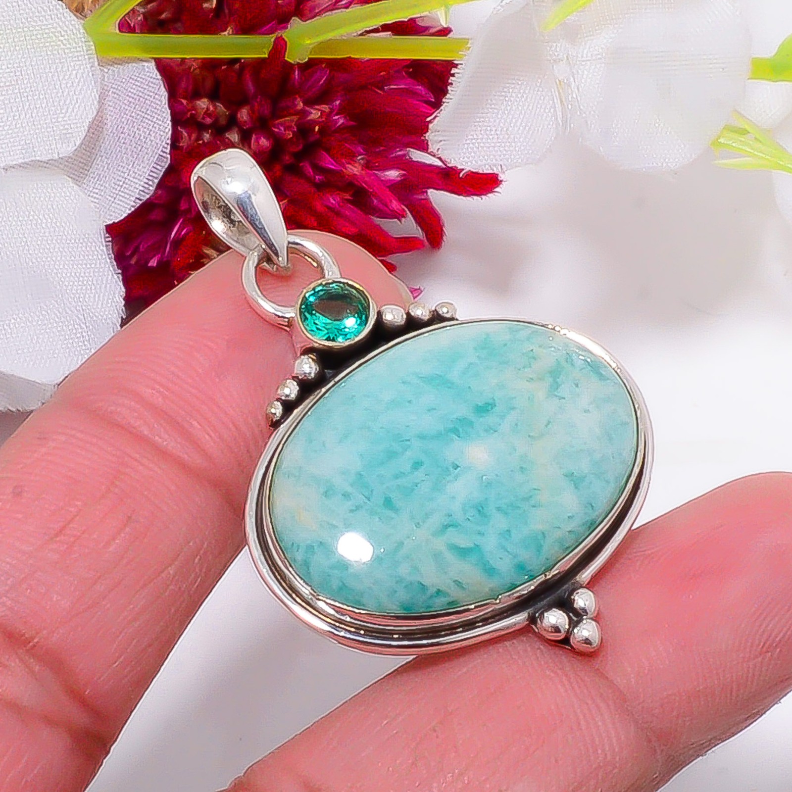 Amazonite – Russia & Paraiba Tourmaline 925 Sterling Silver Pendant 1.76″ sku46