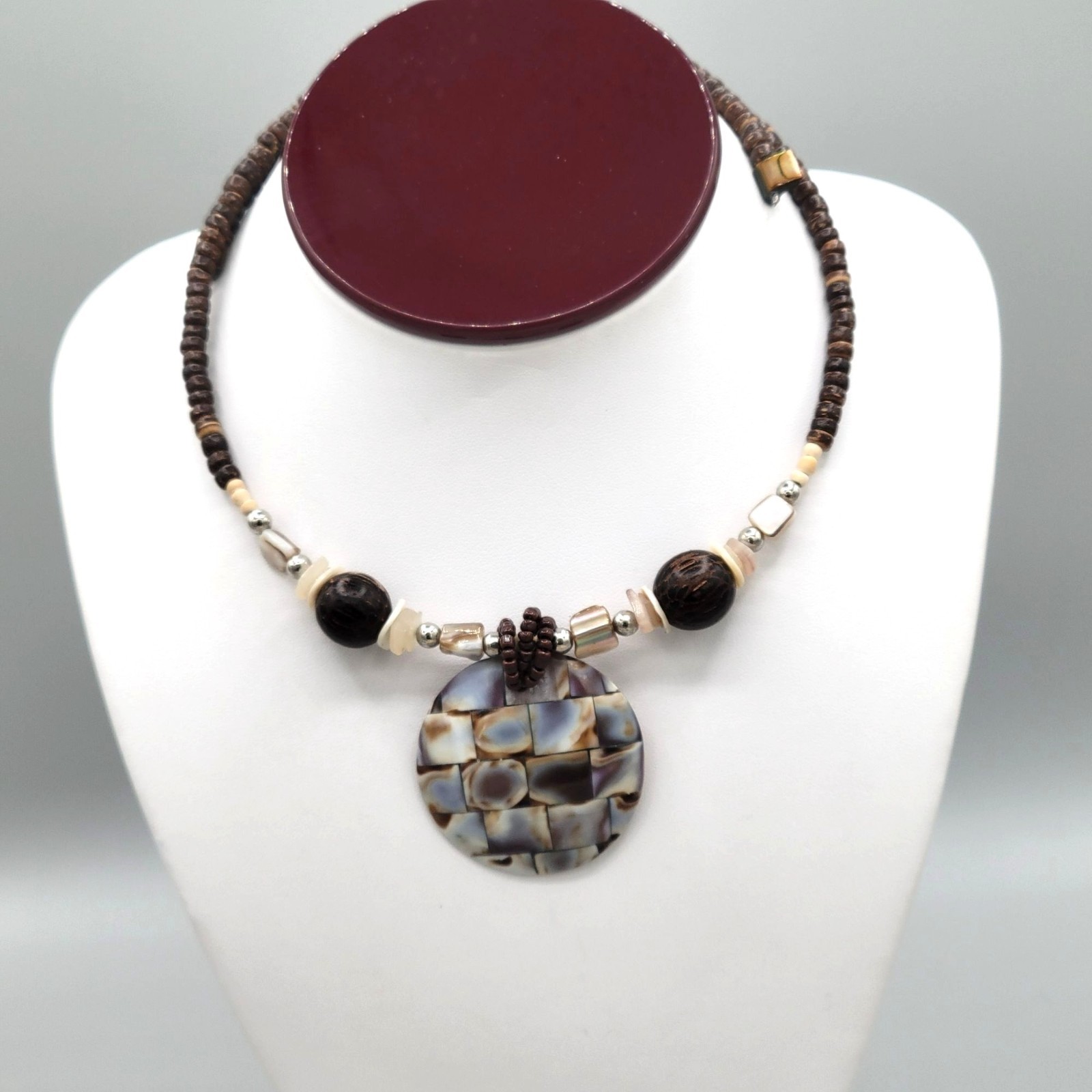 Brown & Beige Beaded Memory Wire Necklace Abalone Spacers Shiny Resin Pendant