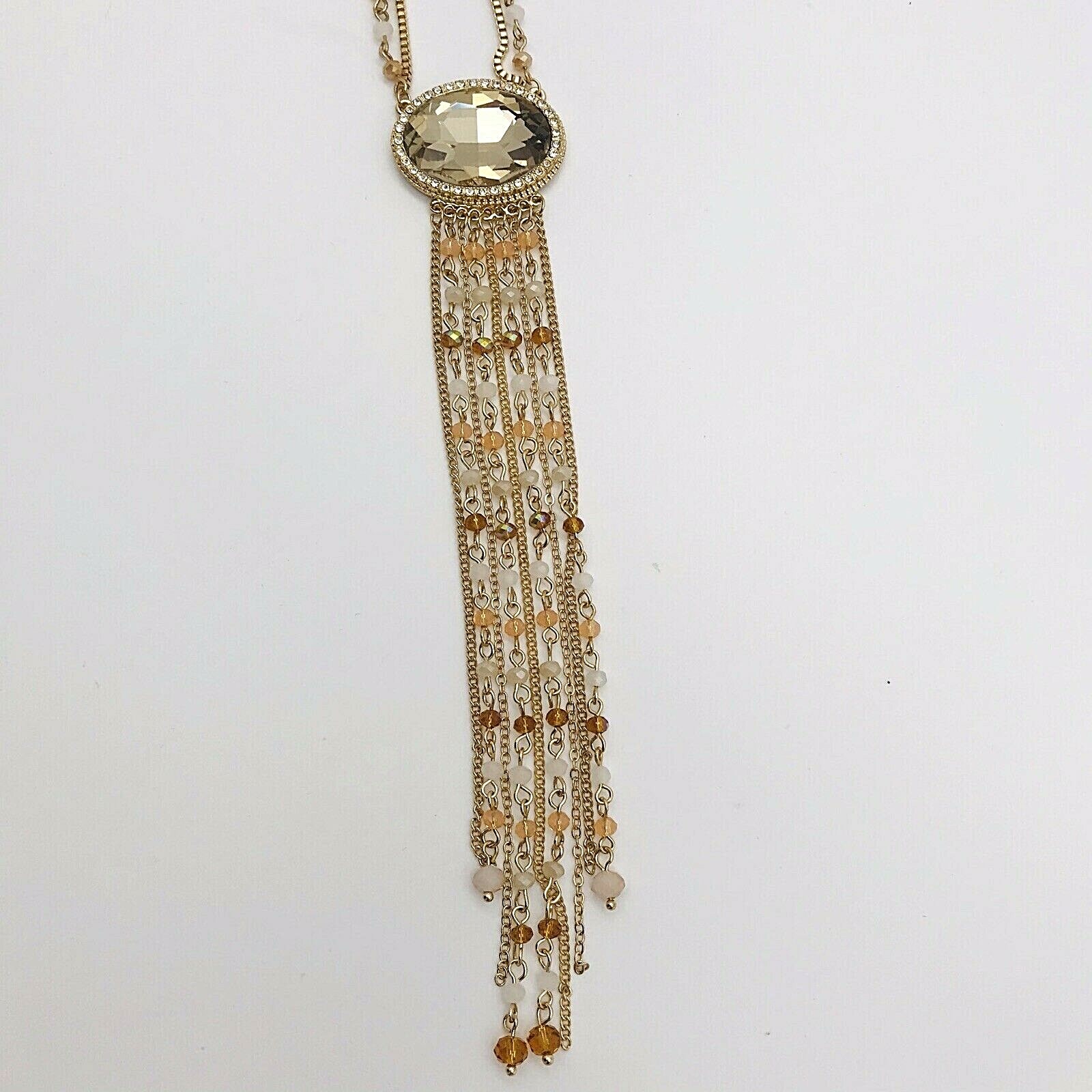 Natasha Fringe Long Necklace Amber Double Strand Color Goldtone Faceted Bead