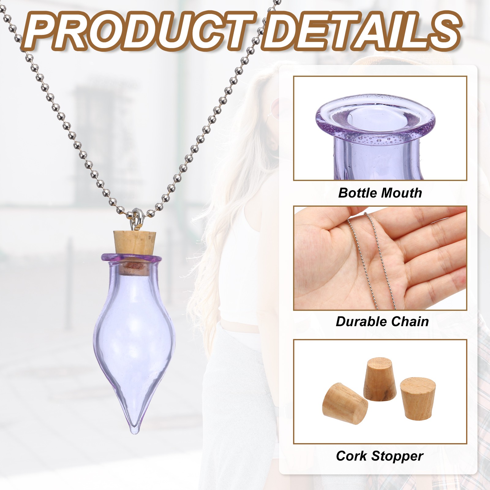 30mm Vial Necklace with Cork Stoppers Black Velvet Bag, Drop Shaped, Purple