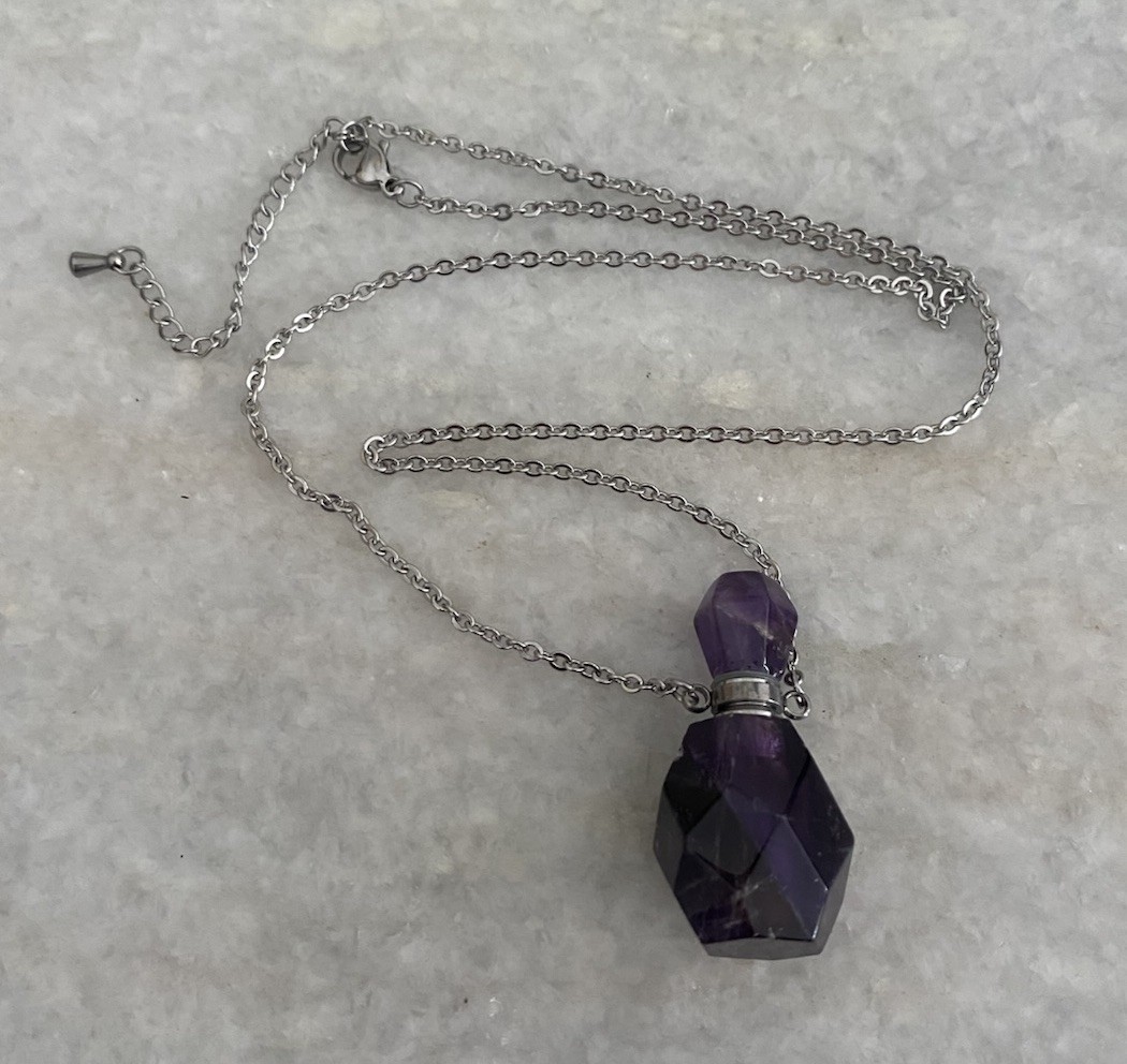 Beautiful Amethyst Perfume Oil Bottle Pendant Necklace Chain 20.75”