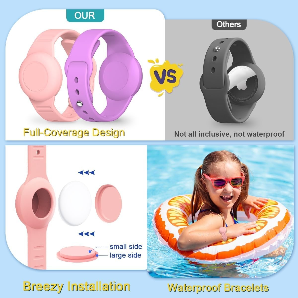 Durable Waterproof Kids AirTag Holders – 4 Pack Silicone Wristbands & Necklaces