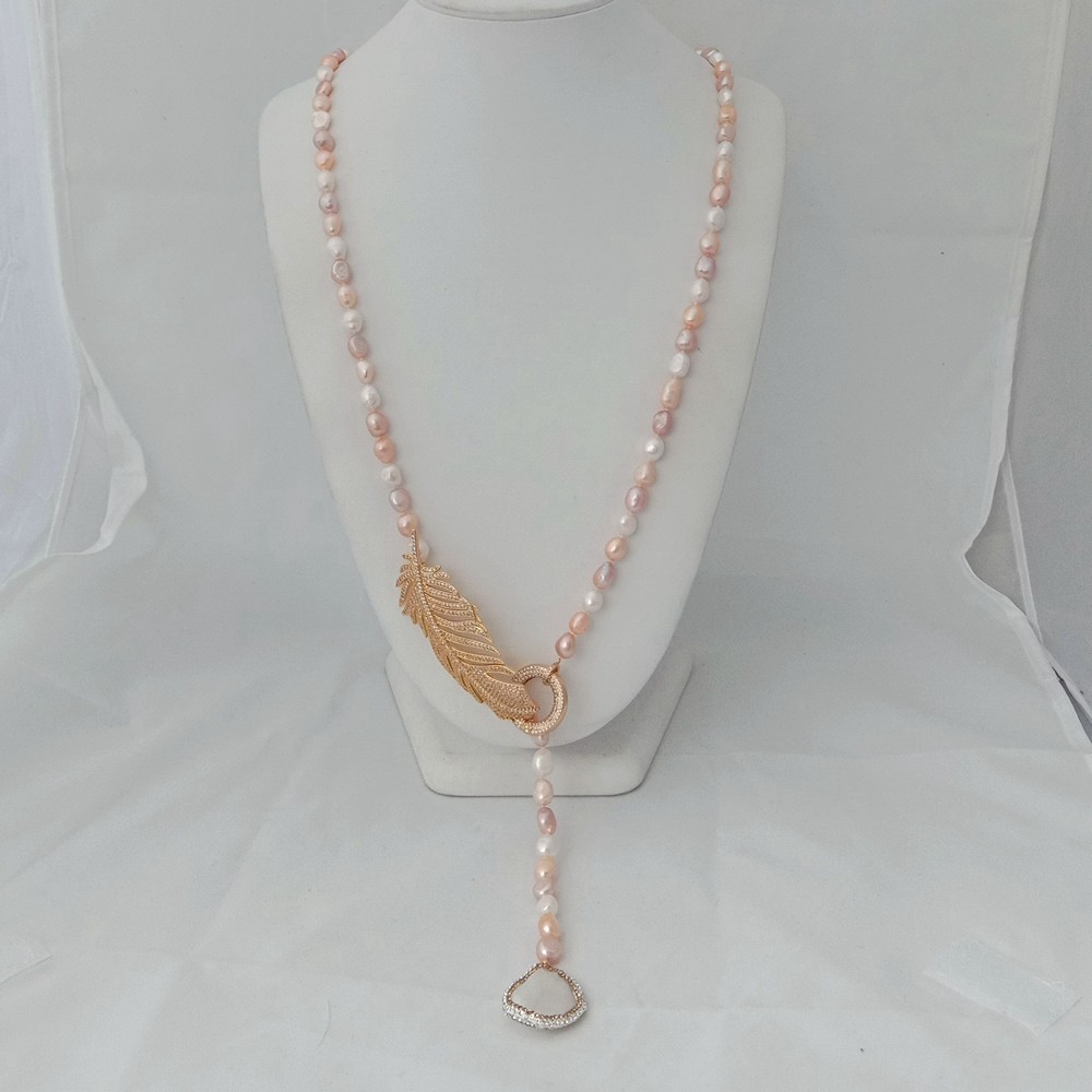 37” Multi Color Baroque Pearl Necklace Pendant CZ Connector